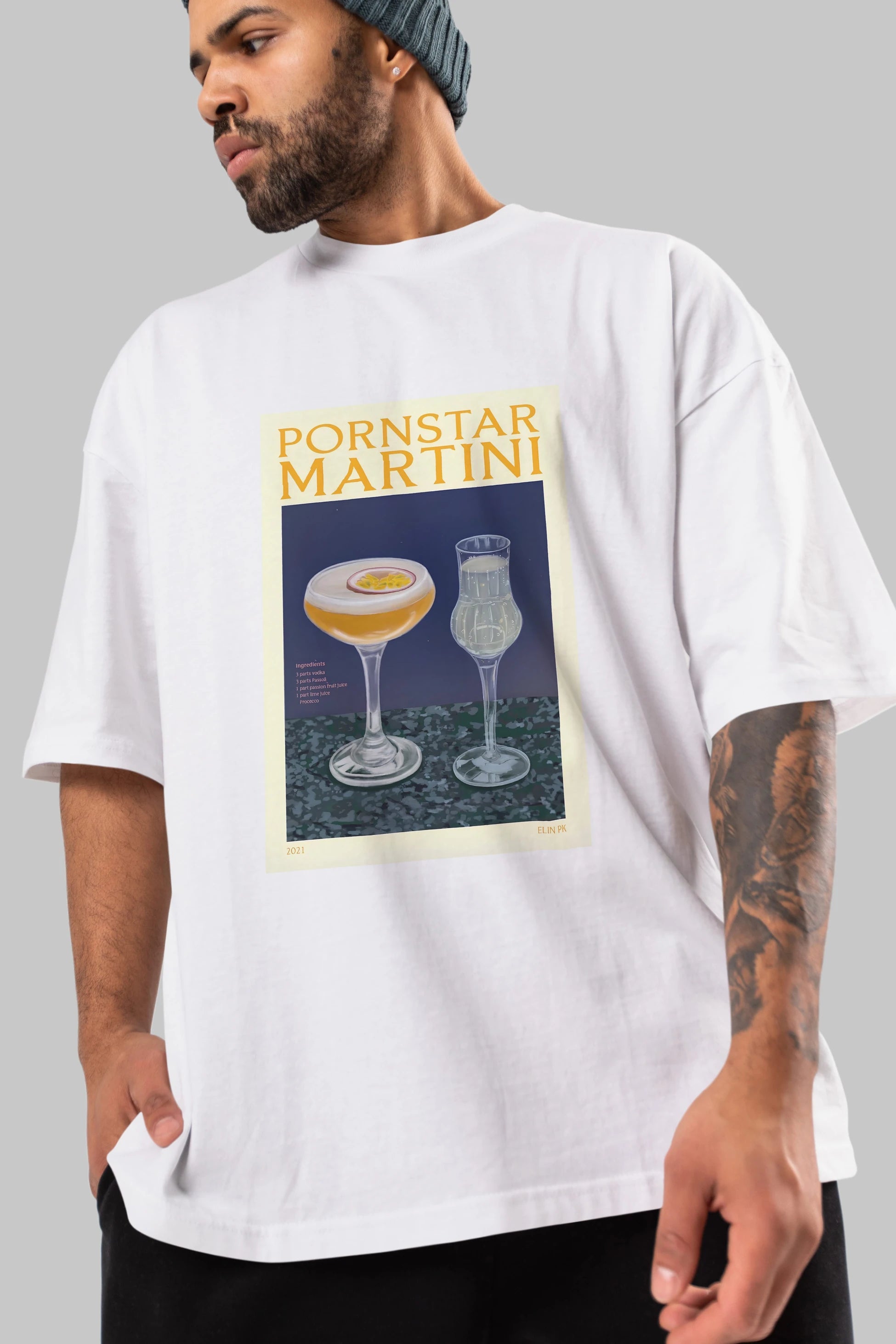P.rnstar Martini Ön Baskılı Oversize t-shirt Erkek Kadın Unisex %100 Pamuk Bisiklet Yaka tişort