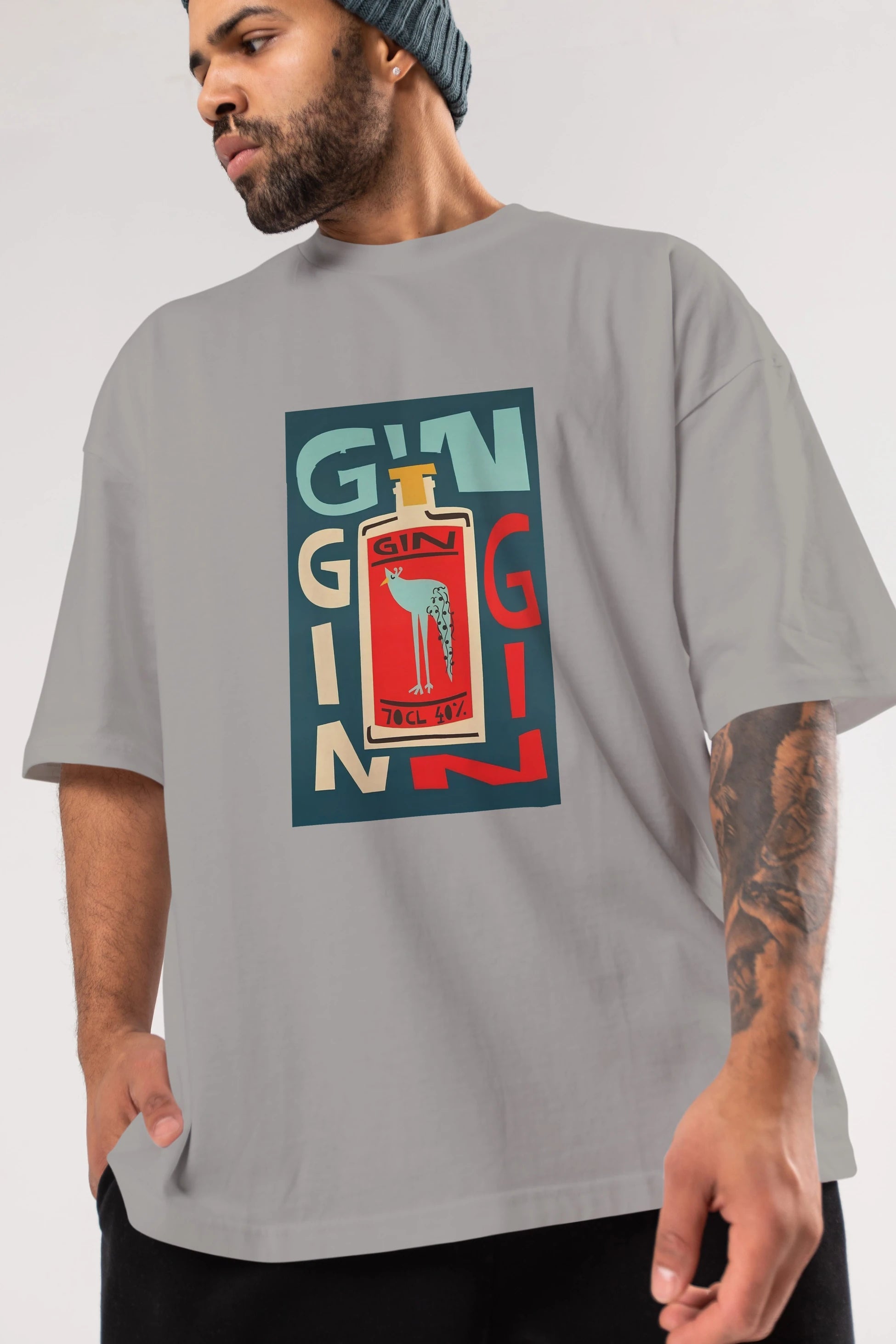 Gin 2 Ön Baskılı Oversize t-shirt Erkek Kadın Unisex %100 Pamuk Bisiklet Yaka tişort