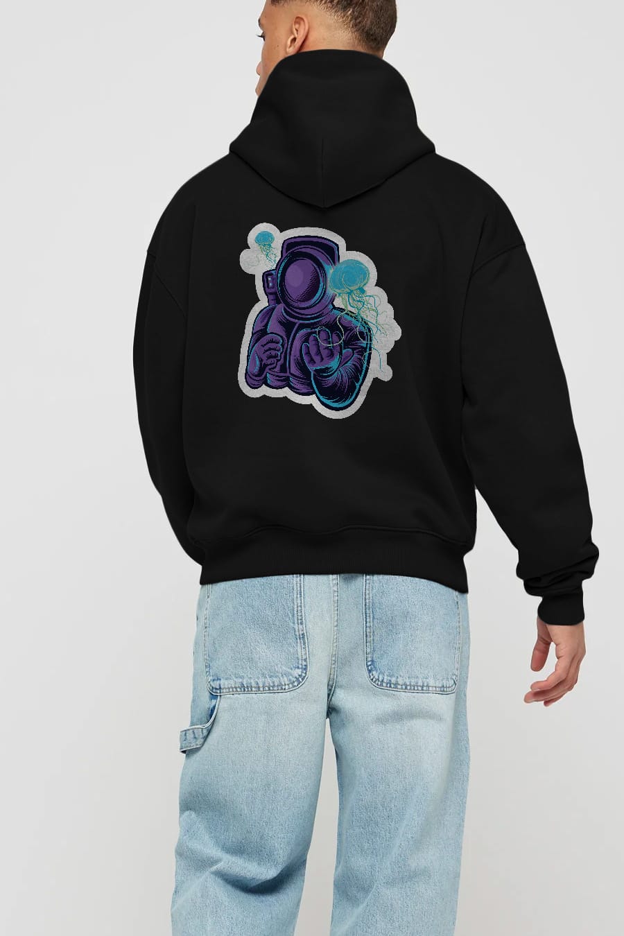 Astronaut and Jellyfish Sticker Arka Baskılı Hoodie Oversize Kapüşonlu Sweatshirt Erkek Kadın Unisex