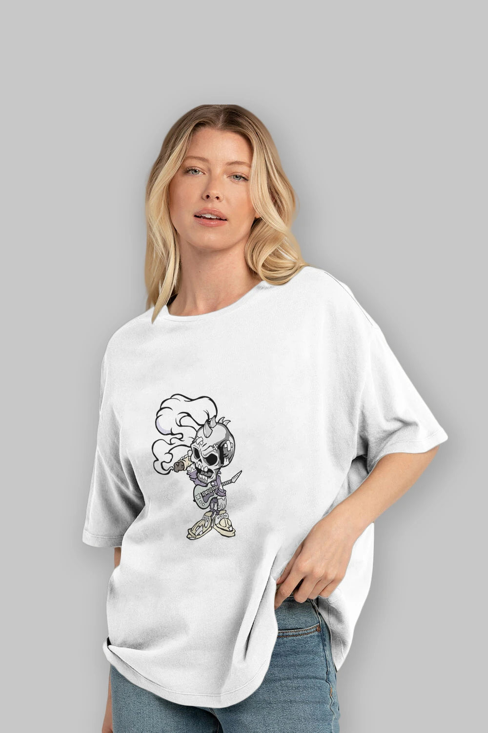 Skull Smoker Punk Rocker Ön Baskılı Oversize t-shirt Erkek Kadın Unisex %100 Pamuk tişort