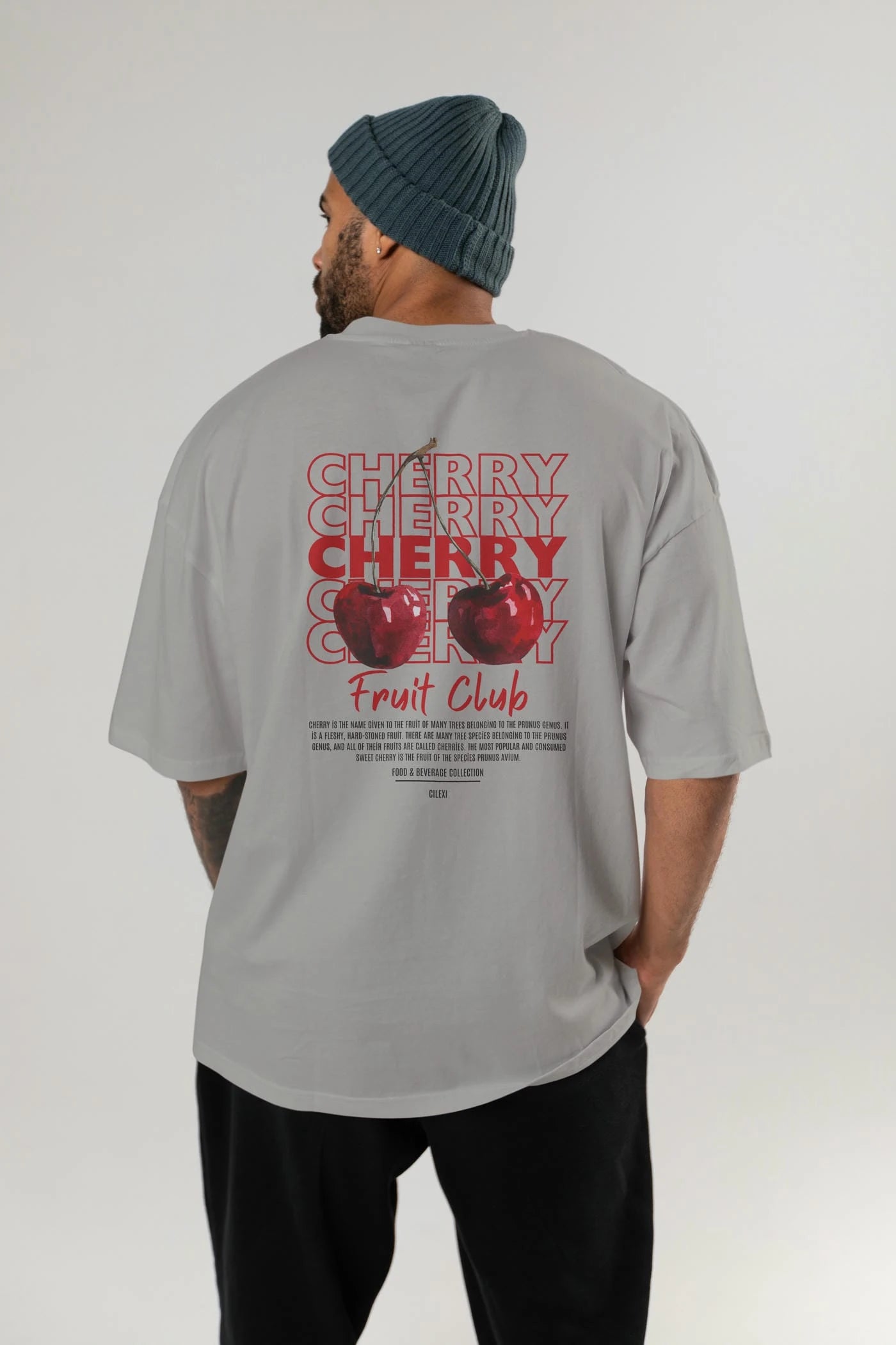 Cherry Arka Baskılı Oversize t-shirt Erkek Kadın Pamuk Bisiklet Yaka tişort