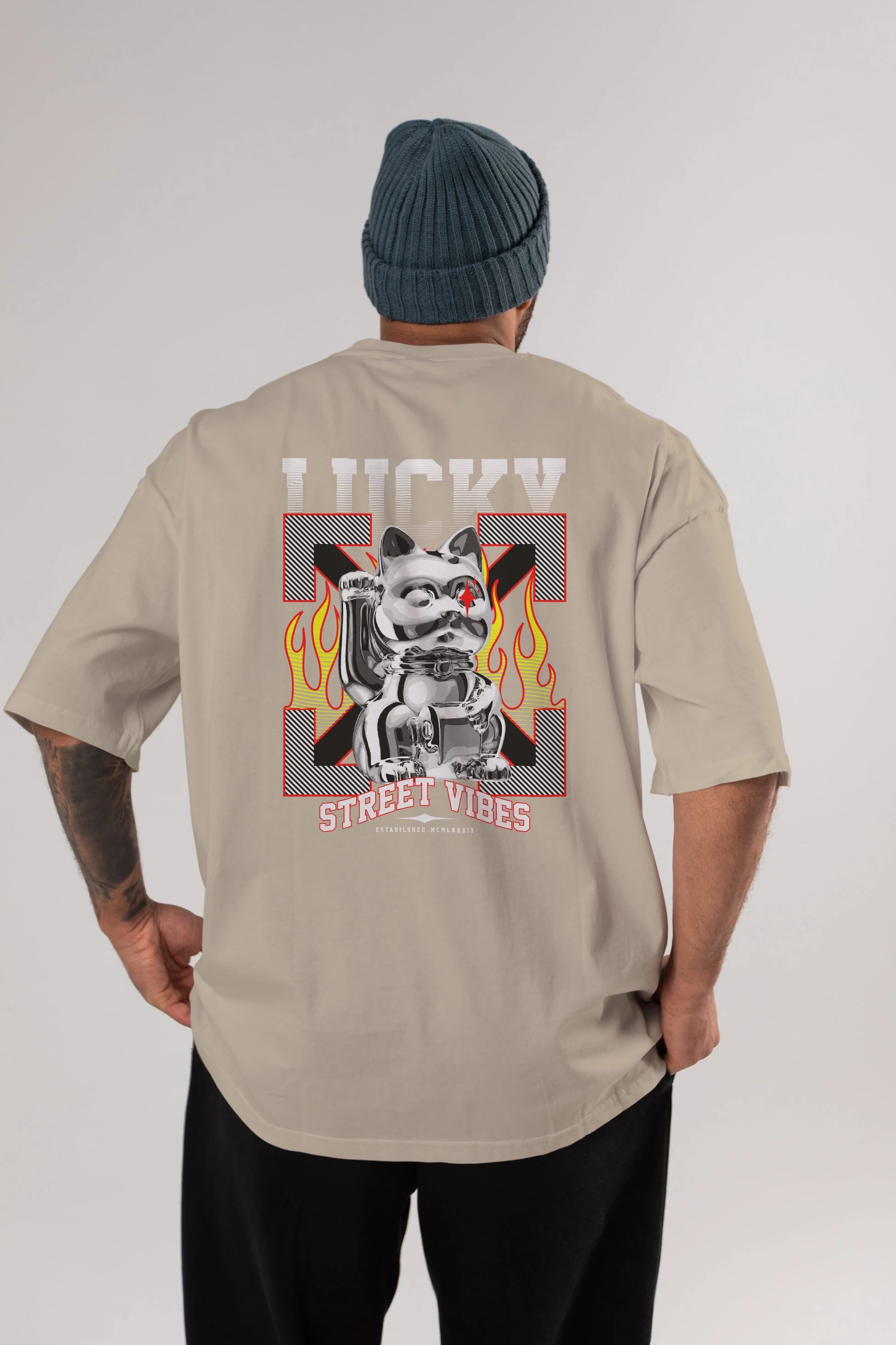 Lucky Street Vibes Arka Baskılı Oversize t-shirt Erkek Kadın Unisex