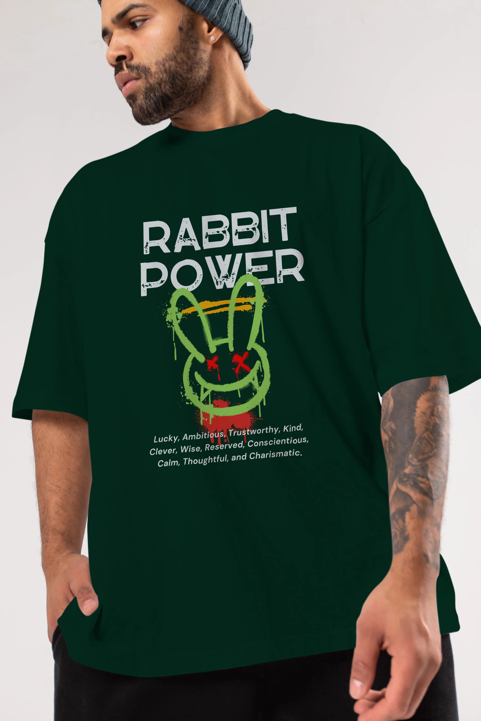 Rabbit Power Yazılı Ön Baskılı Oversize t-shirt Erkek Kadın Unisex