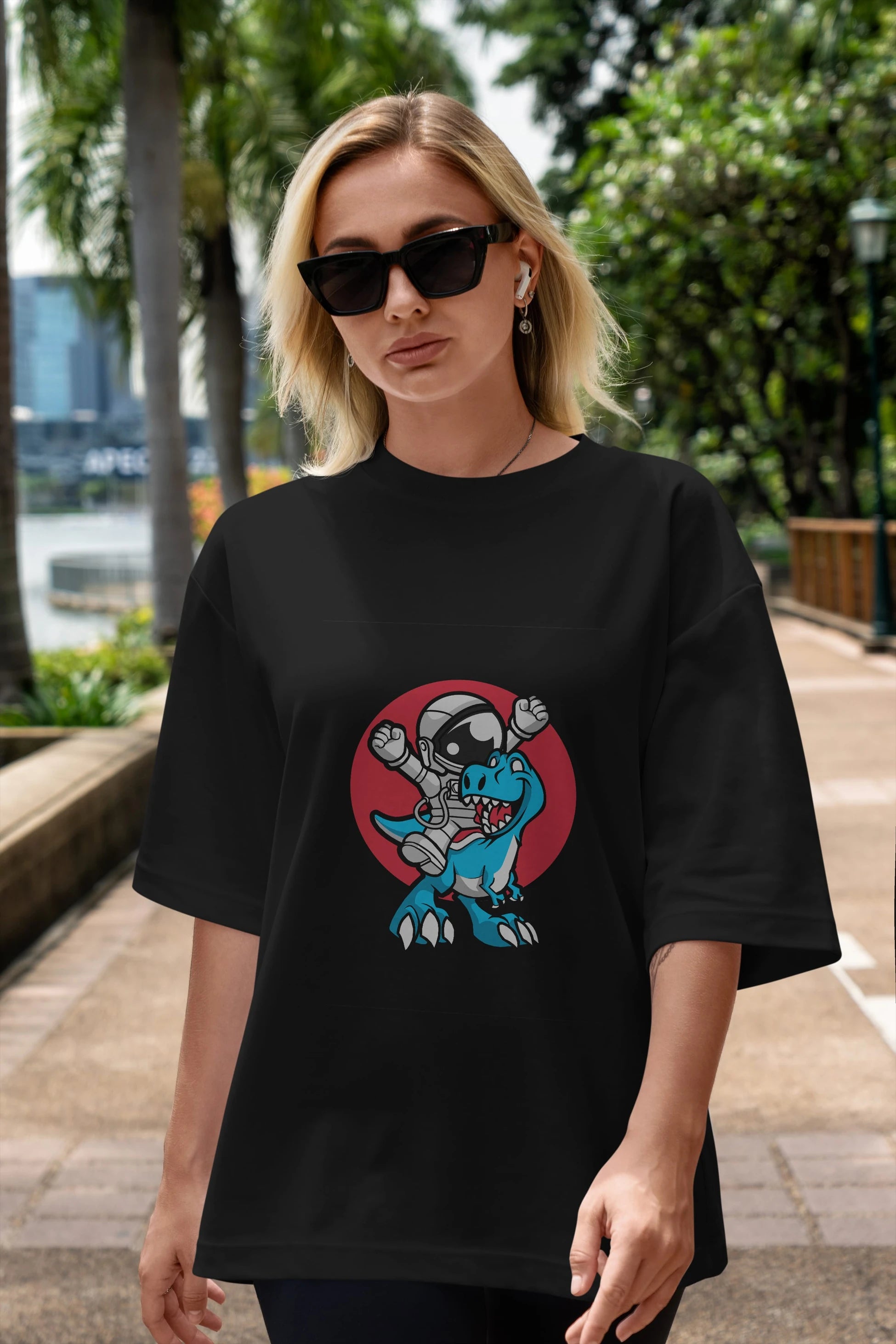 Astronaut Dino Ön Baskılı Oversize t-shirt Erkek Kadın Unisex %100 Pamuk tişort
