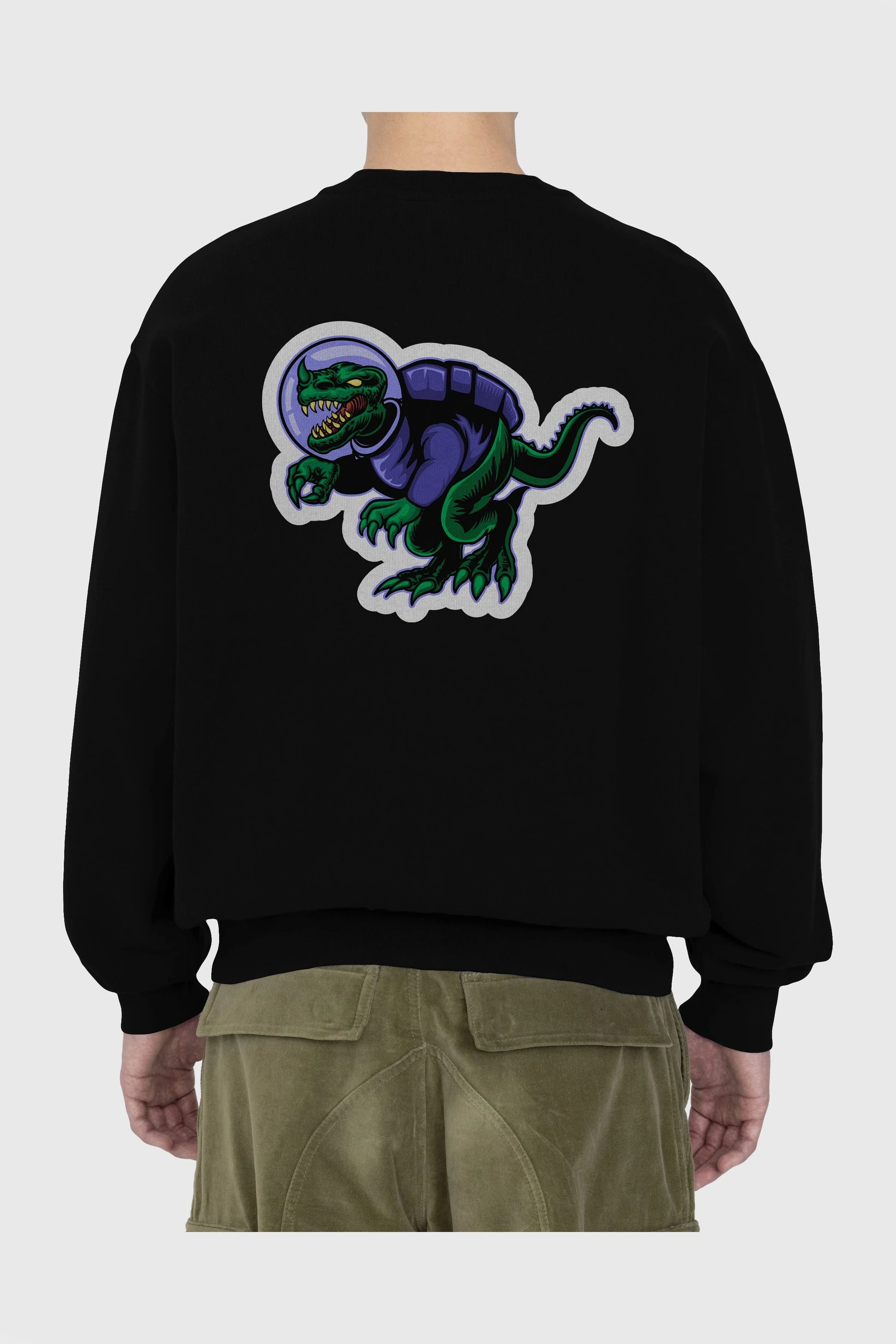 Space Dino Sticker Arka Baskılı Oversize Sweatshirt Erkek Kadın Unisex