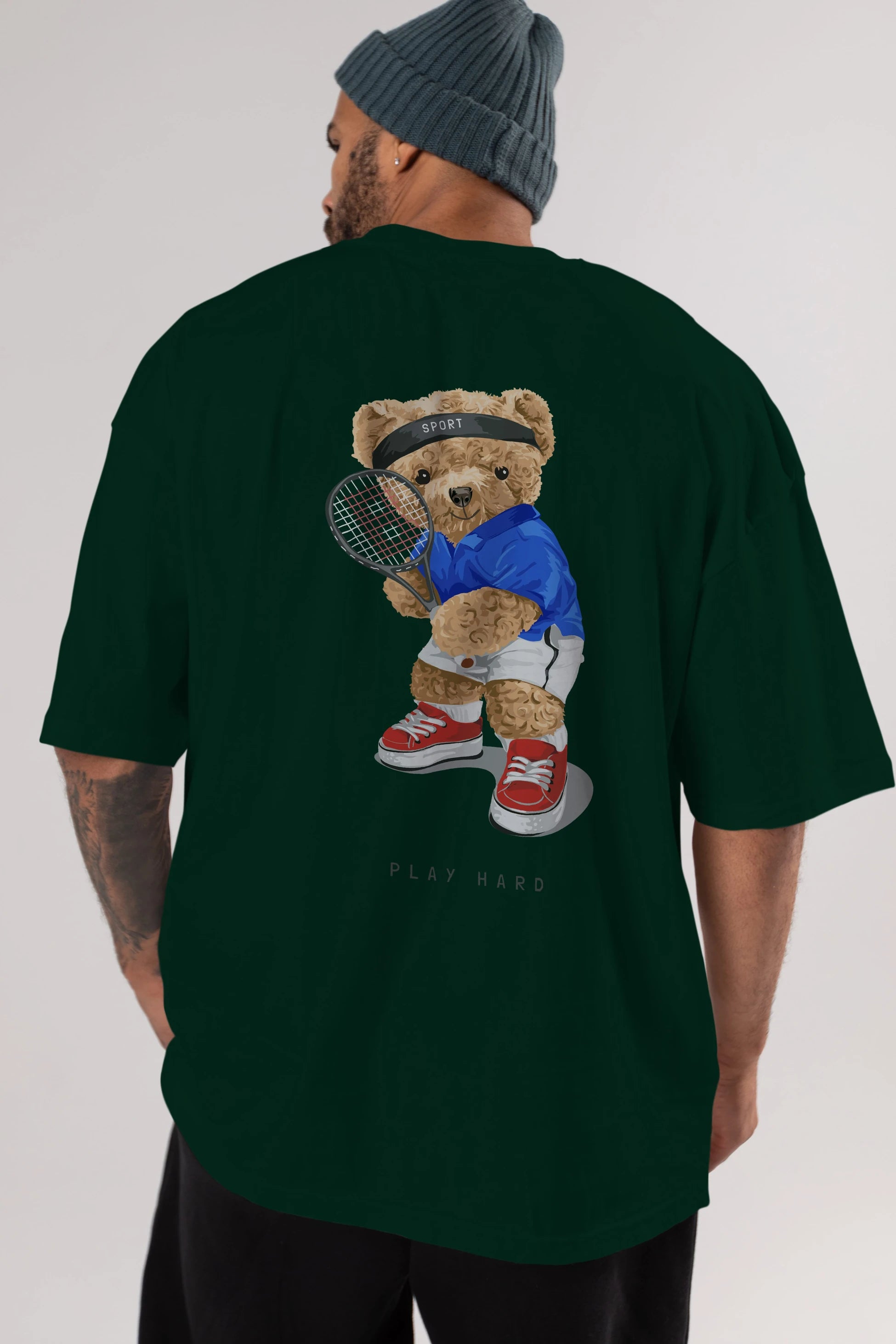 Teddy Bear Play Hard Arka Baskılı Oversize t-shirt Erkek Kadın Unisex %100 Pamuk