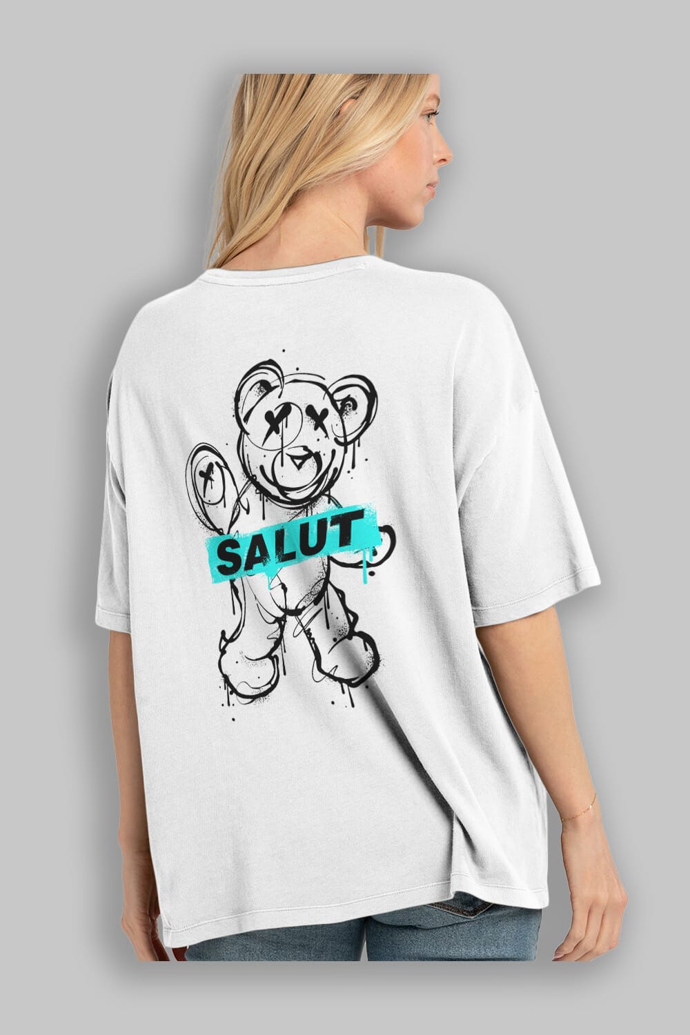 Teddy Bear Salut Arka Baskılı Oversize t-shirt Erkek Kadın Unisex