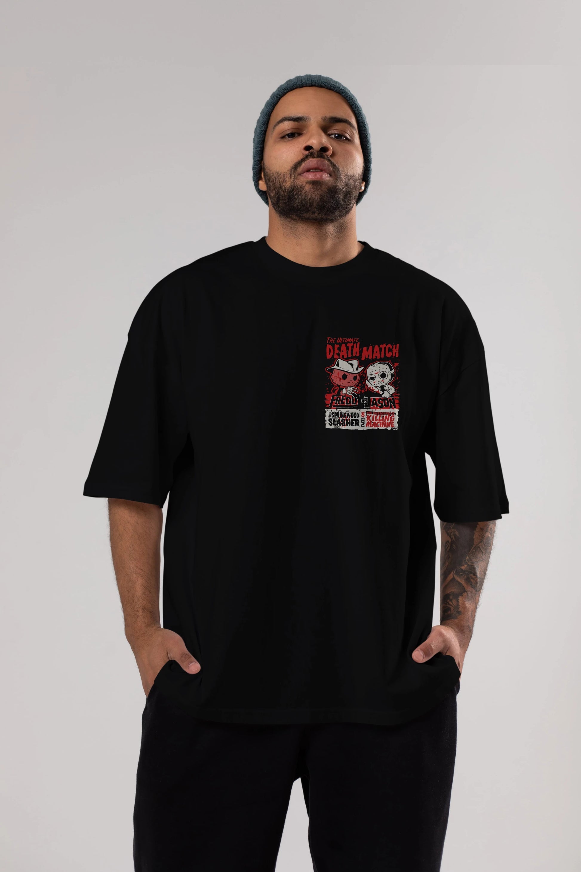 Freddy vs Jason Ön Sol Baskılı Oversize t-shirt Erkek Kadın Unisex %100 Pamuk Bisiklet Yaka tişort