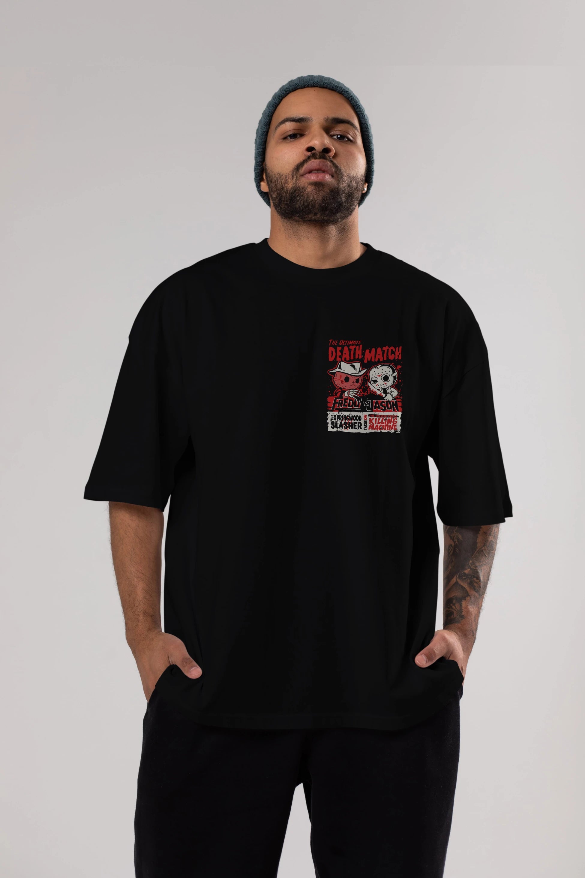 Freddy vs Jason Ön Sol Baskılı Oversize t-shirt Erkek Kadın Unisex %100 Pamuk Bisiklet Yaka tişort
