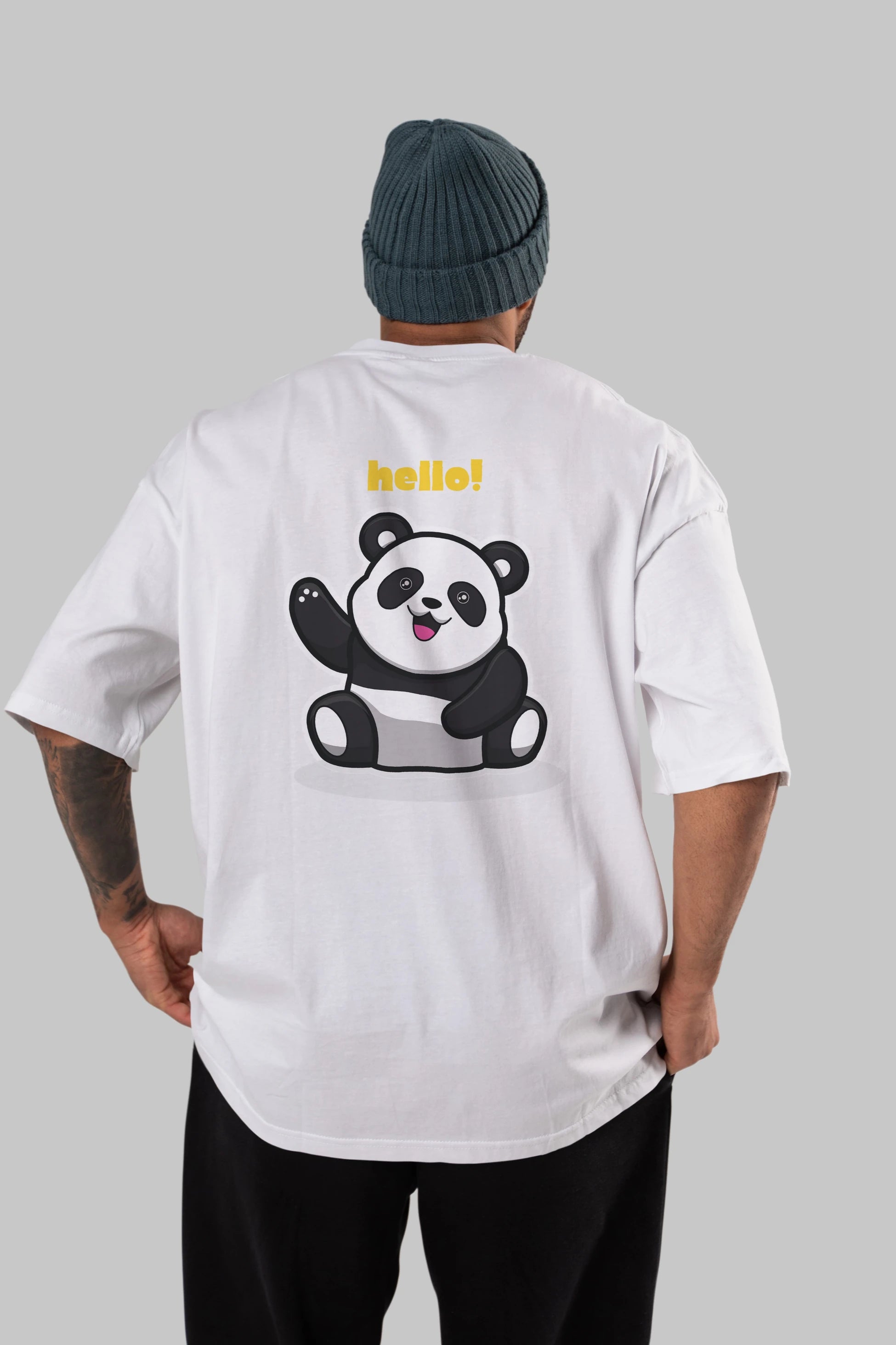 Hello Panda Arka Baskılı Oversize t-shirt Erkek Kadın Unisex