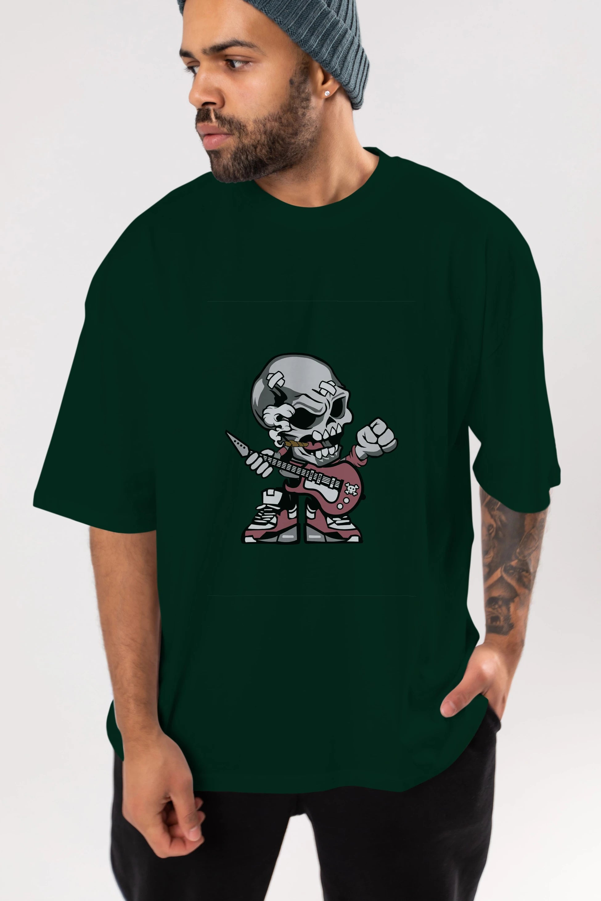 Skull Rockstar Ön Baskılı Oversize t-shirt Erkek Kadın Unisex %100 Pamuk tişort