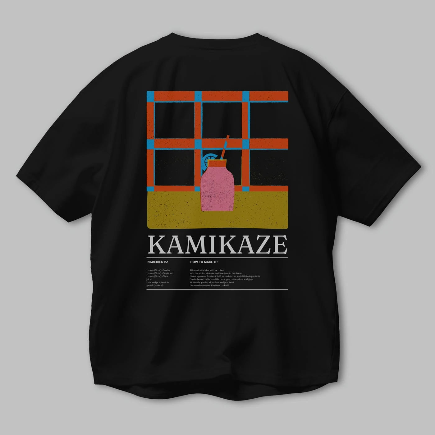 Kamikaze Kokteyl Serisi Arka Baskılı Oversize t-shirt Erkek Kadın %100 Pamuk Bisiklet Yaka tişort