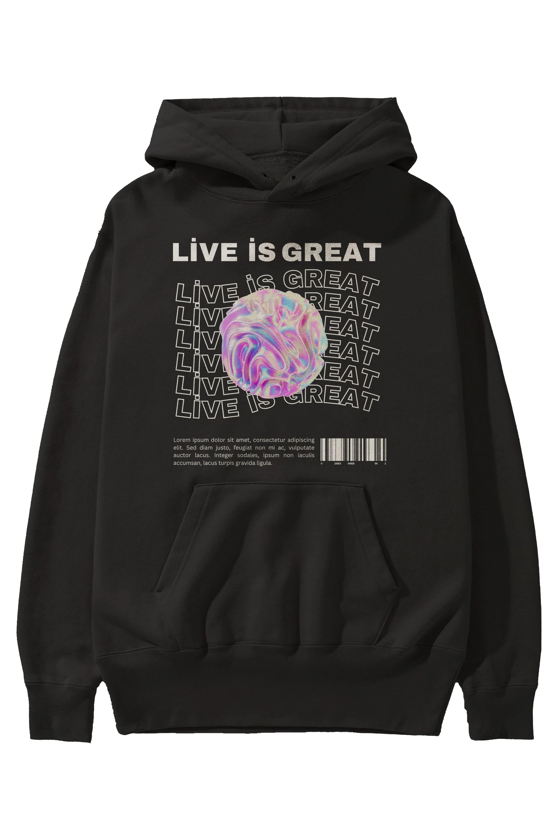 Live is Great Yazılı Ön Baskılı Oversize Hoodie Kapüşonlu Sweatshirt Erkek Kadın Unisex