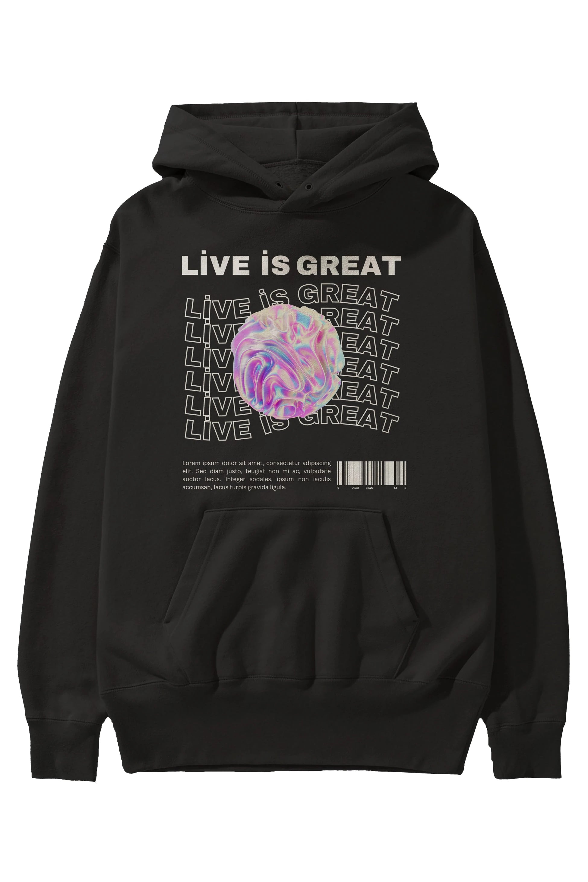 Live is Great Yazılı Ön Baskılı Oversize Hoodie Kapüşonlu Sweatshirt Erkek Kadın Unisex