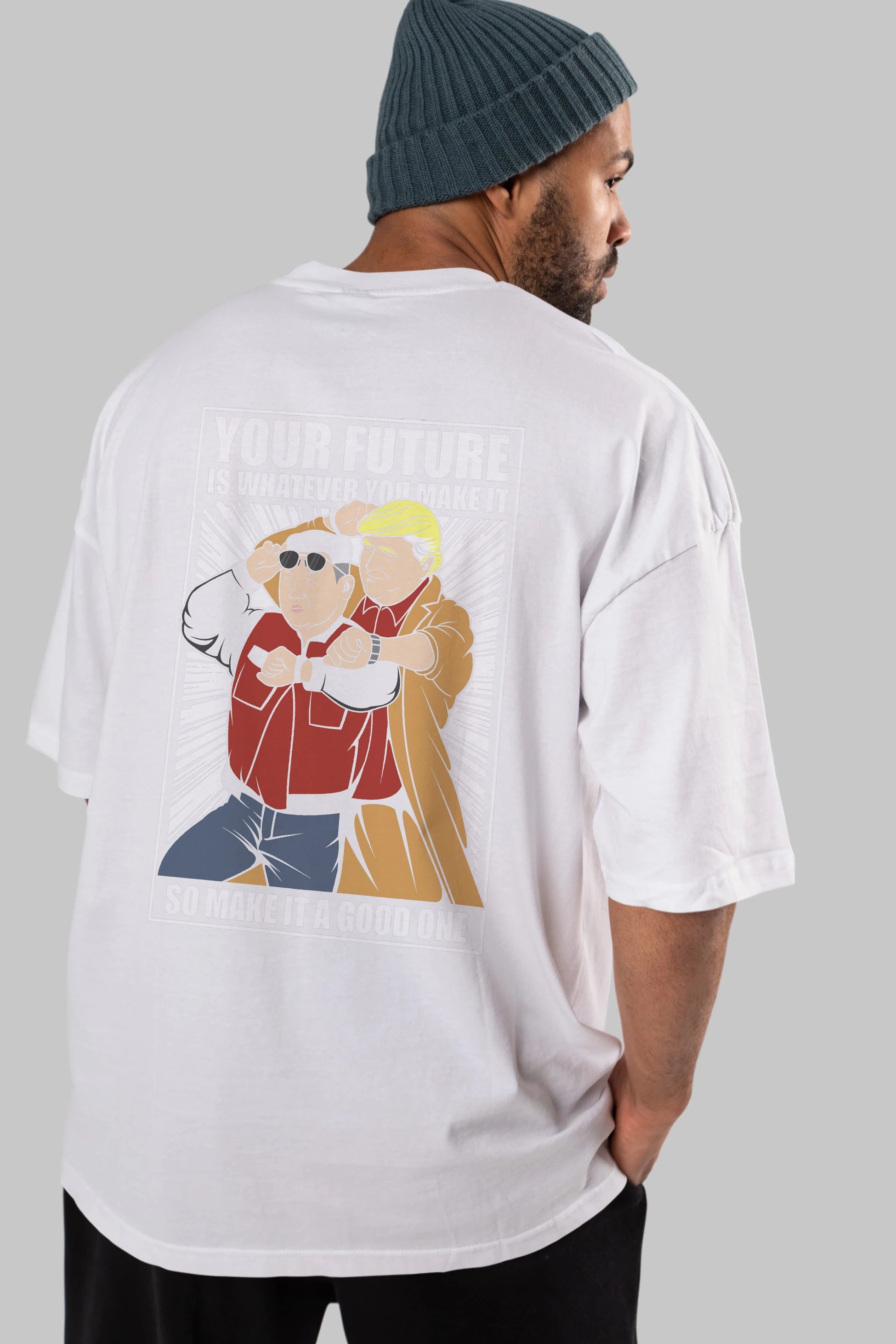 Back To The Future Jong Un Trump Arka Baskılı Oversize t-shirt Erkek Kadın Unisex %100 Pamuk tişort