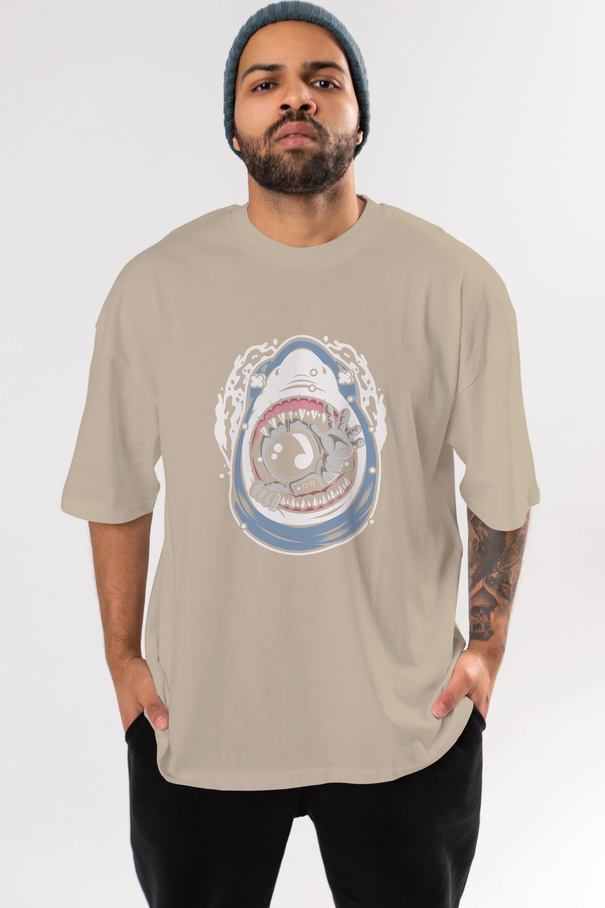 Astronaut Shark Ön Baskılı Oversize t-shirt Erkek Kadın Unisex