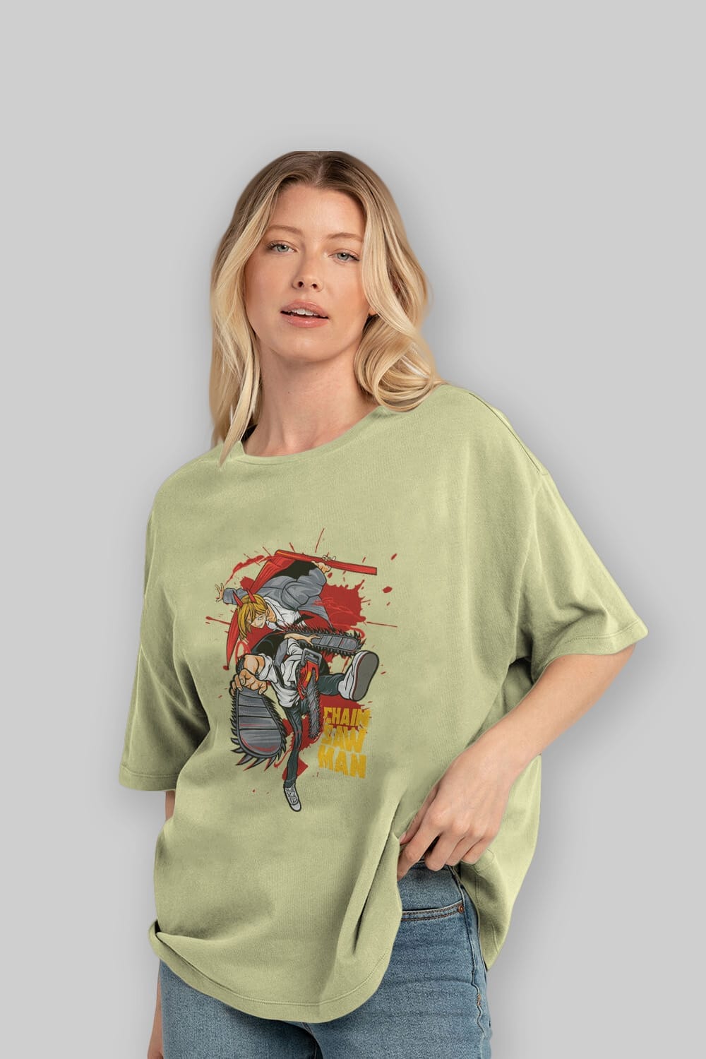 DENJI and POWER Anime Ön Baskılı Oversize t-shirt %100 pamuk Erkek Kadın Unisex