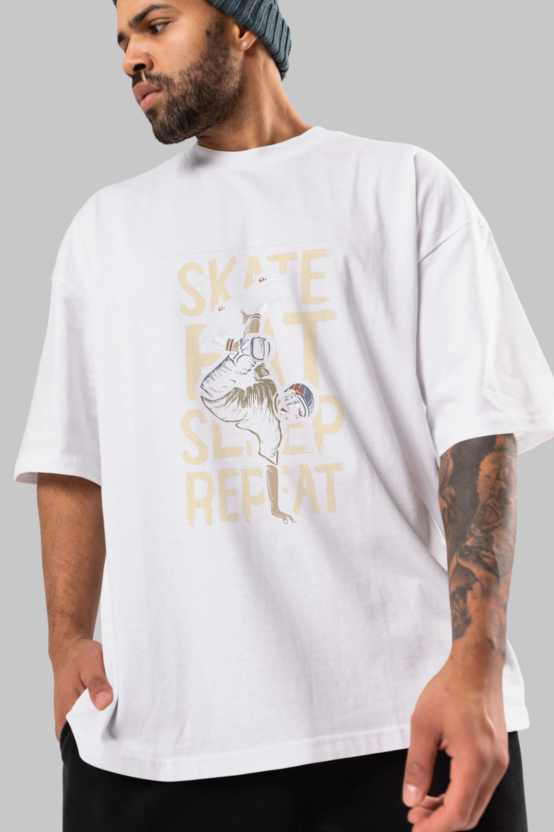 Skate Eat Sleep Repeat Ön Baskılı Oversize t-shirt Erkek Kadın Unisex %100 Pamuk tişort