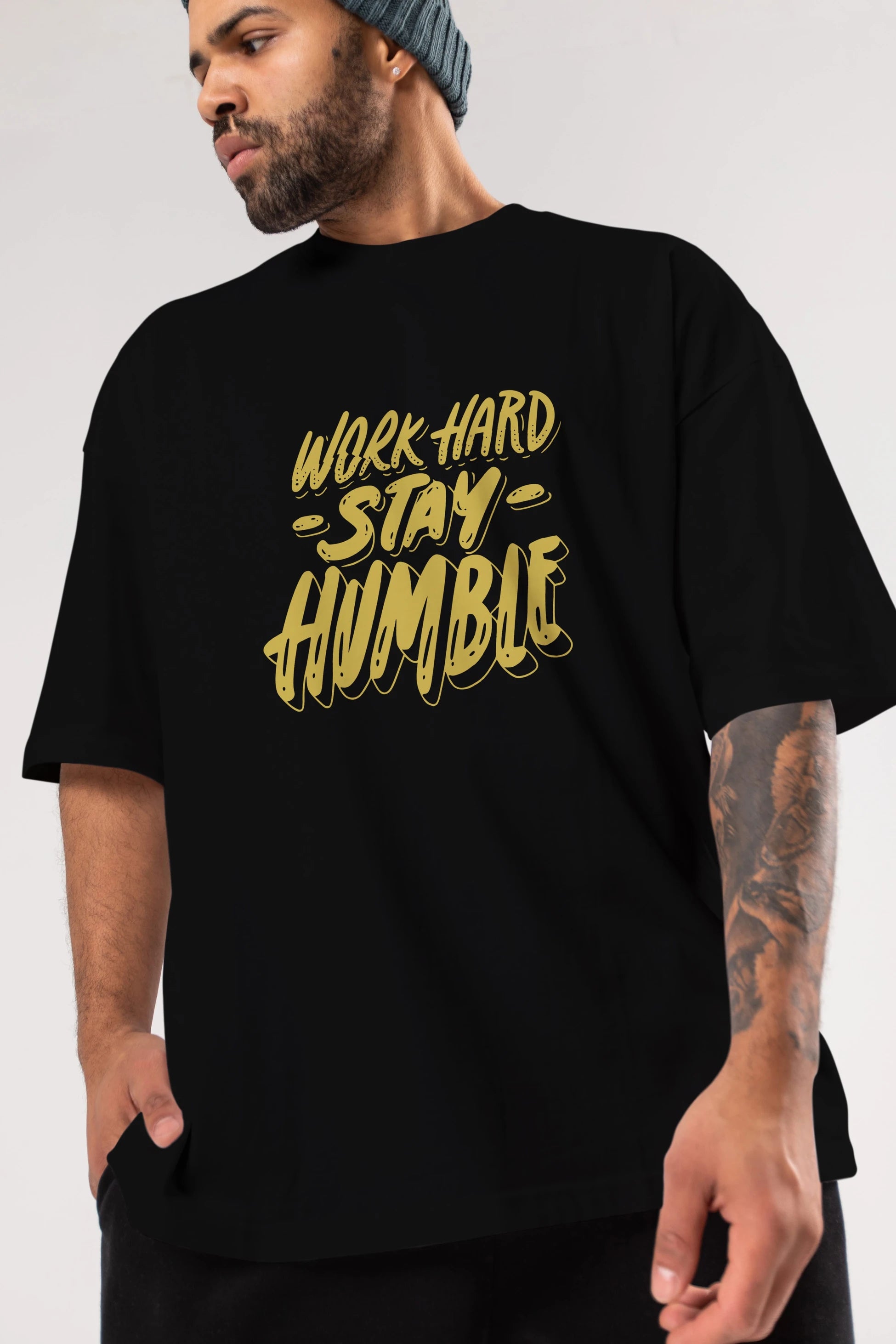 Word Hard Yazılı Ön Baskılı Oversize t-shirt Erkek Kadın Unisex