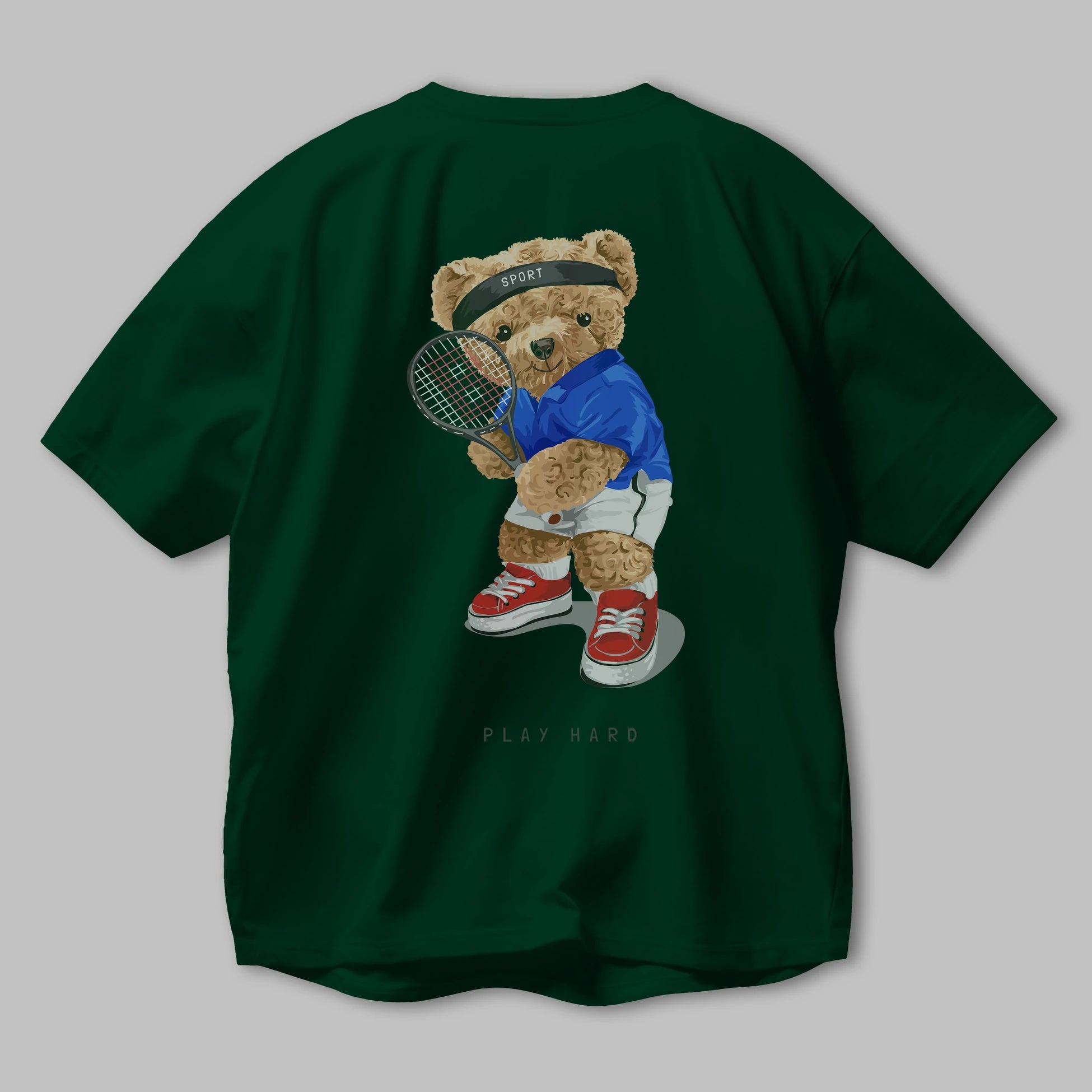 Teddy Bear Play Hard Arka Baskılı Oversize t-shirt Erkek Kadın Unisex %100 Pamuk