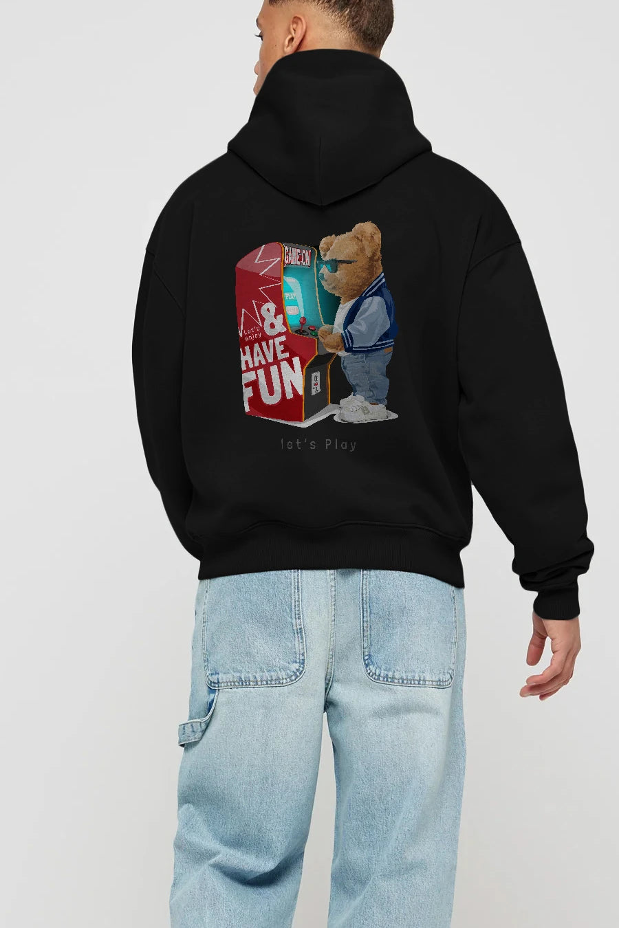 Teddy Bear Lets Play Arka Baskılı Hoodie Oversize Kapüşonlu Sweatshirt Erkek Kadın Unisex