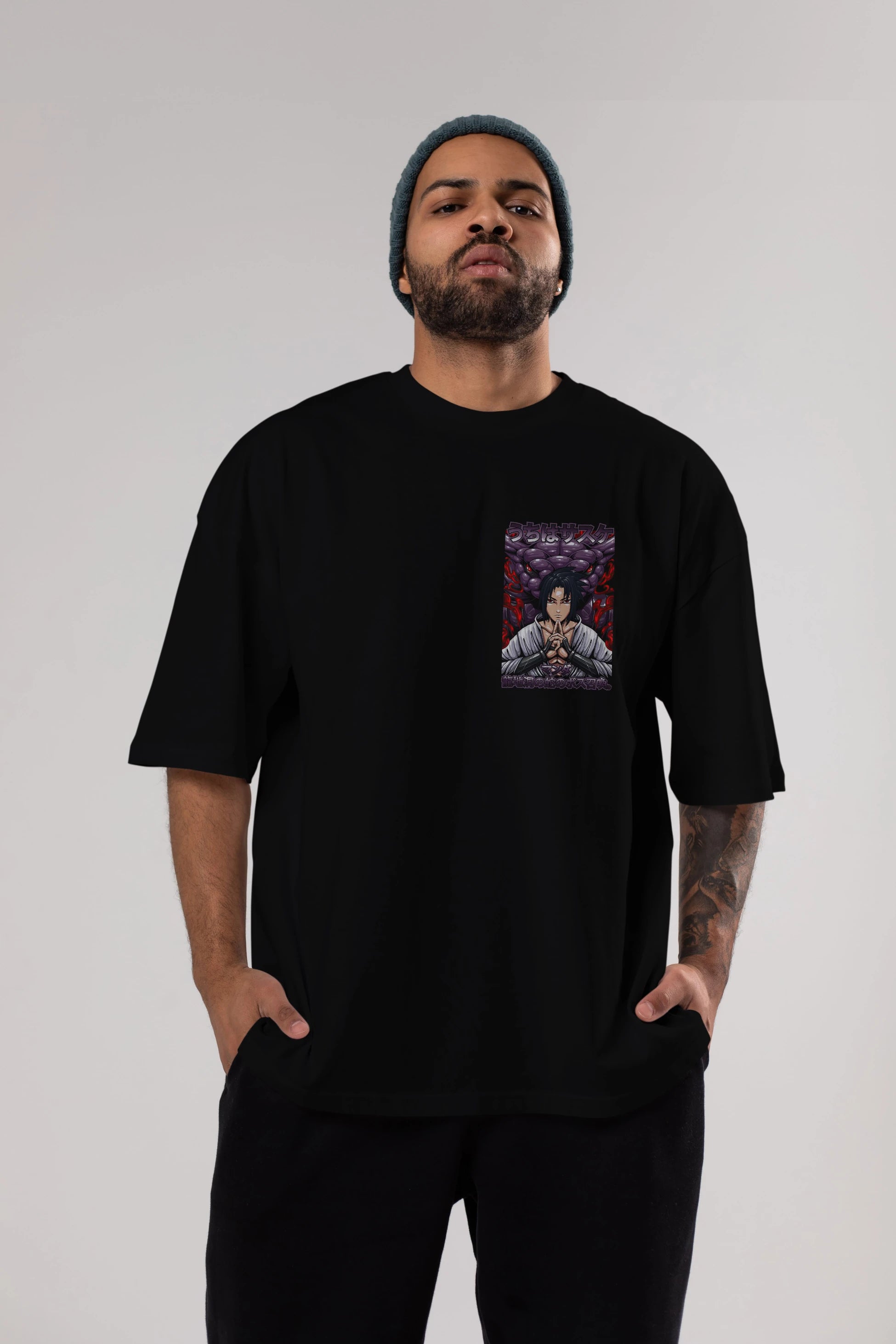 NARUTO SASUKE UCHIHA Ön Sol Baskılı Oversize t-shirt Erkek Kadın Unisex %100 Pamuk Bisiklet Yaka tişort