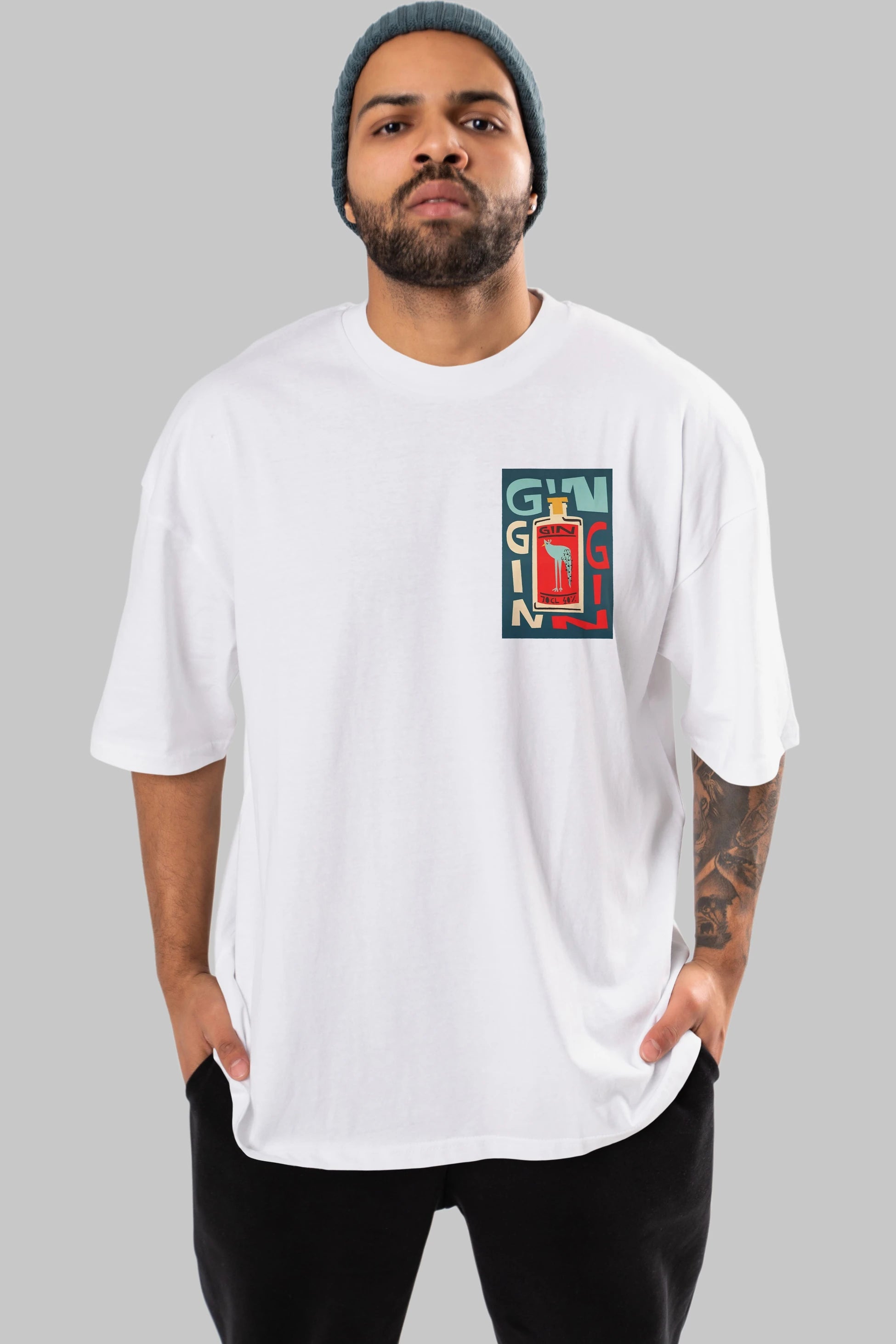 Gin 2 Ön Sol Baskılı Oversize t-shirt Erkek Kadın Unisex %100 Pamuk Bisiklet Yaka tişort