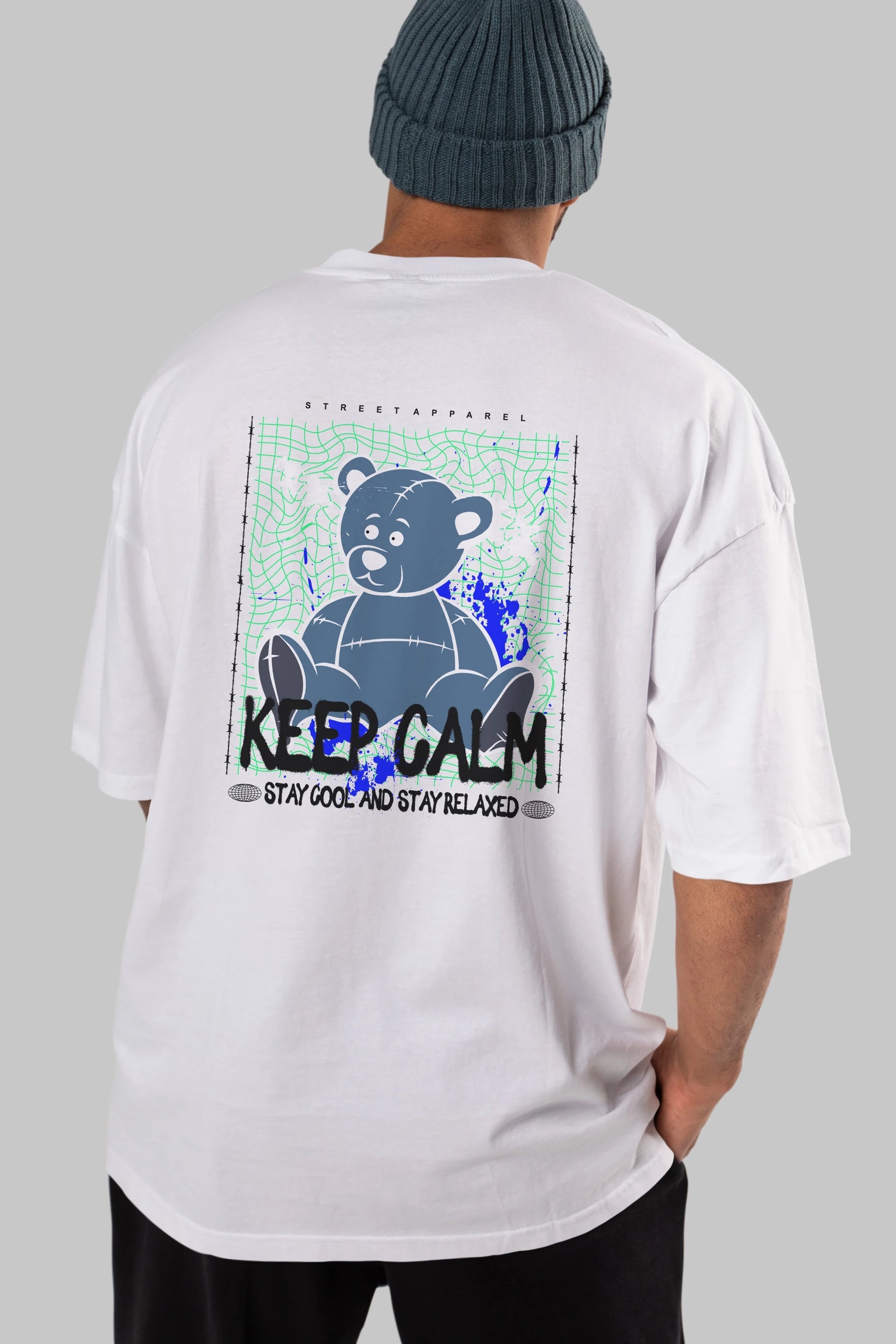 Keep Calm Bear Arka Baskılı Oversize t-shirt Erkek Kadın Unisex