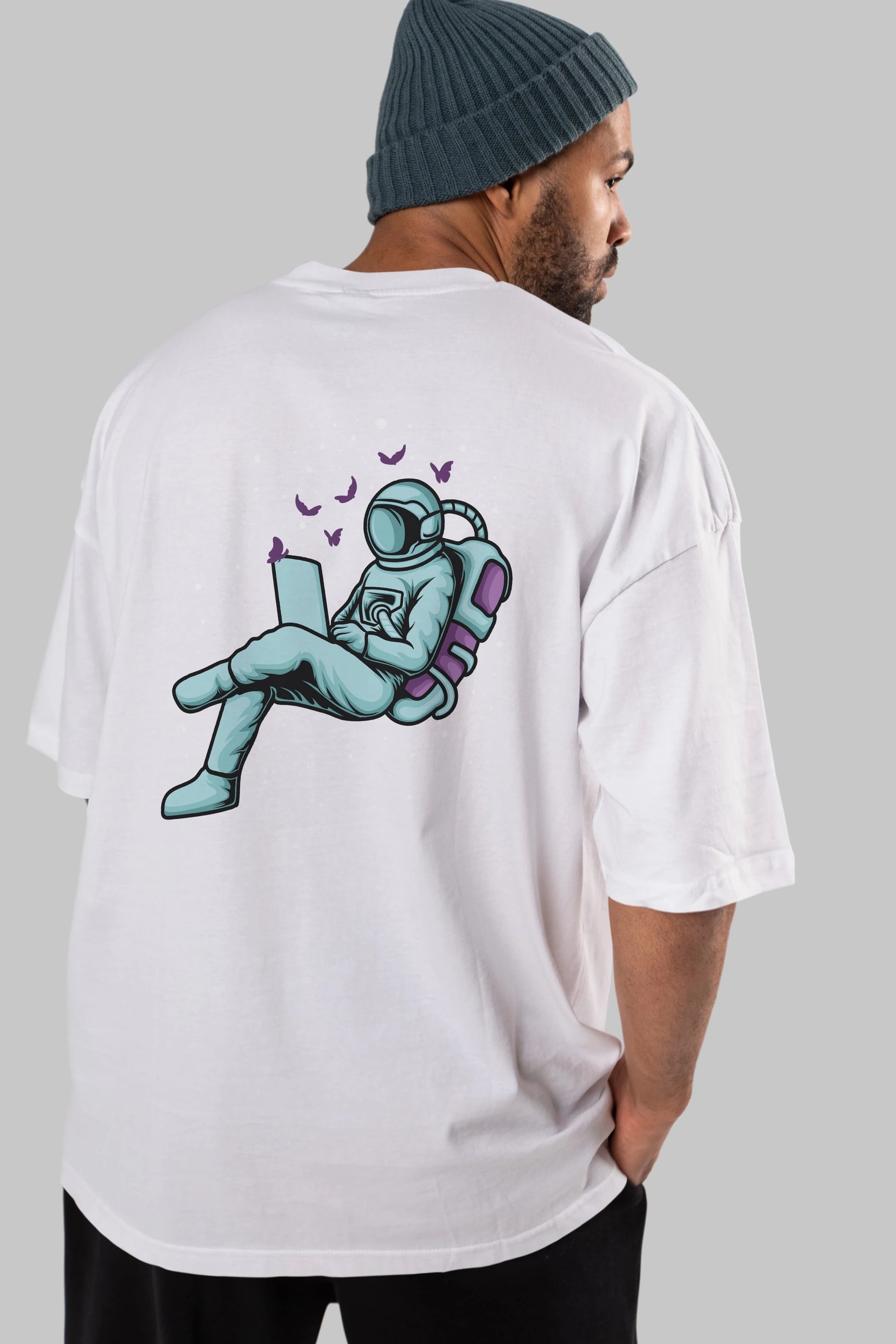 Work with Butterflies in Space Arka Baskılı Oversize t-shirt Erkek Kadın Unisex