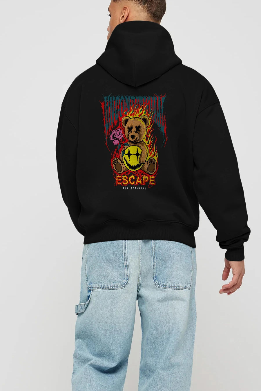Escape Bear Arka Baskılı Hoodie Oversize Kapüşonlu Sweatshirt Erkek Kadın Unisex