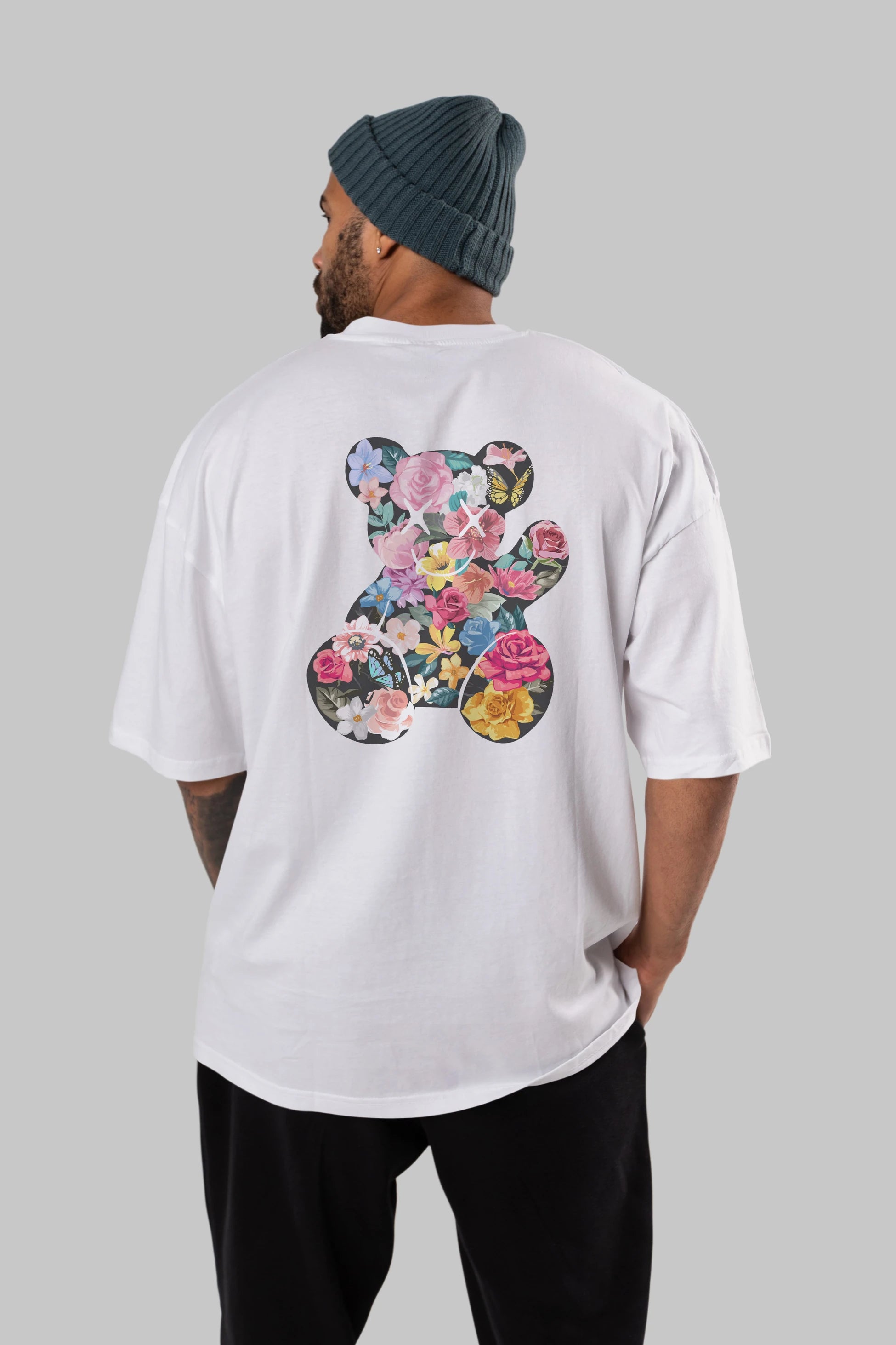 Flowers Bear Arka Baskılı Oversize t-shirt Erkek Kadın Unisex