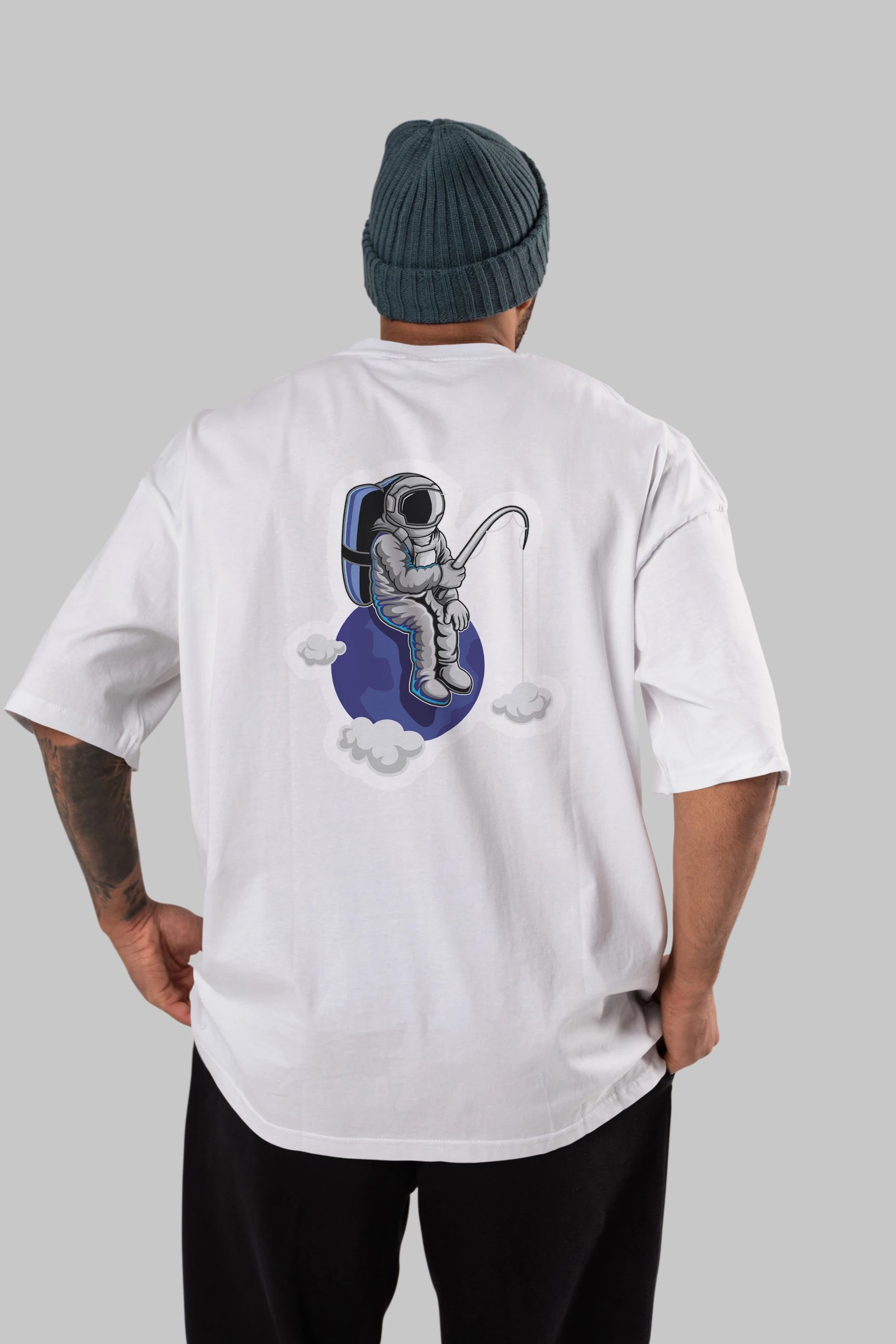 Astronaut Fishing Sticker Arka Baskılı Oversize t-shirt Erkek Kadın Unisex