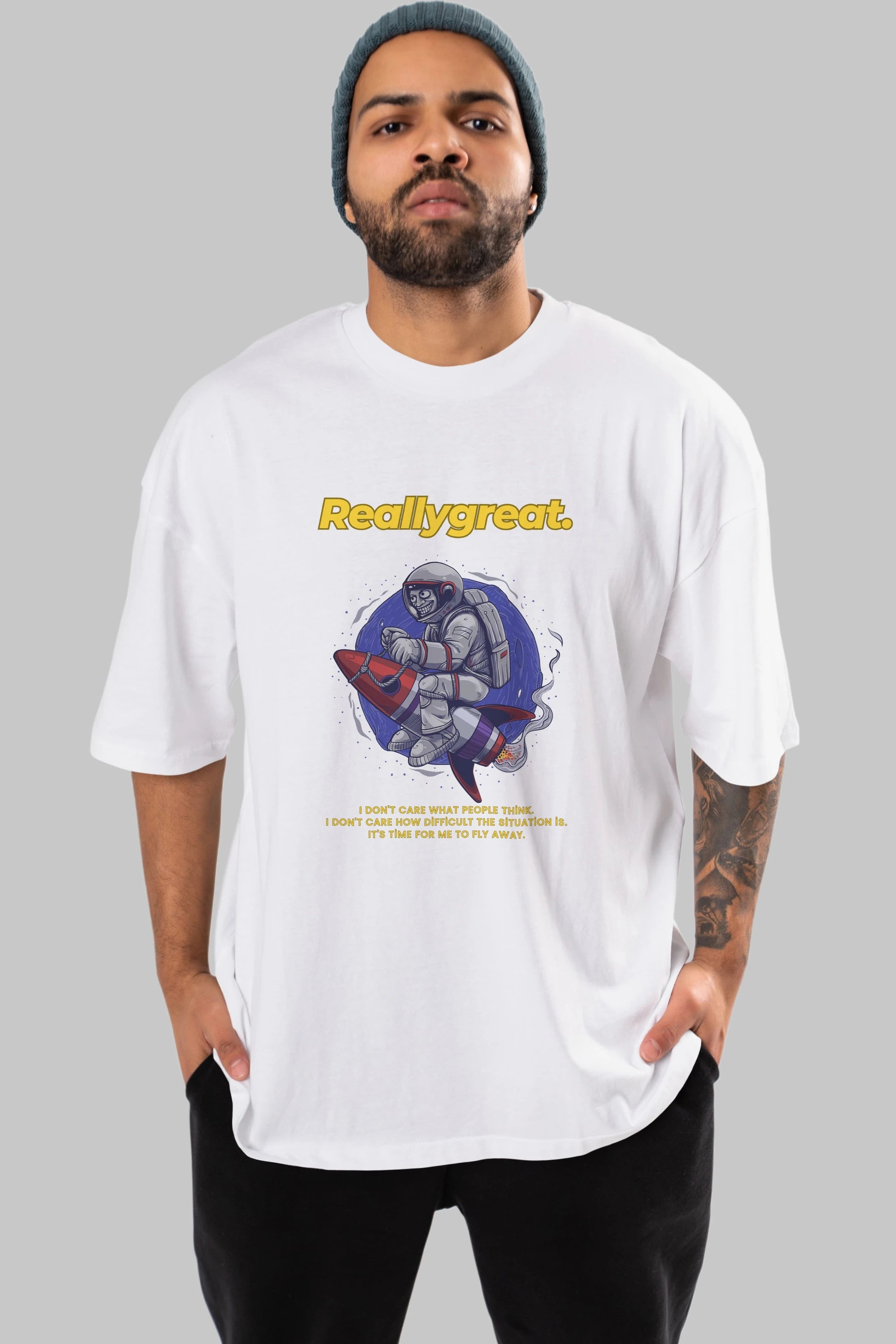 Reallygreat Astronaut Ön Baskılı Oversize t-shirt Erkek Kadın Unisex