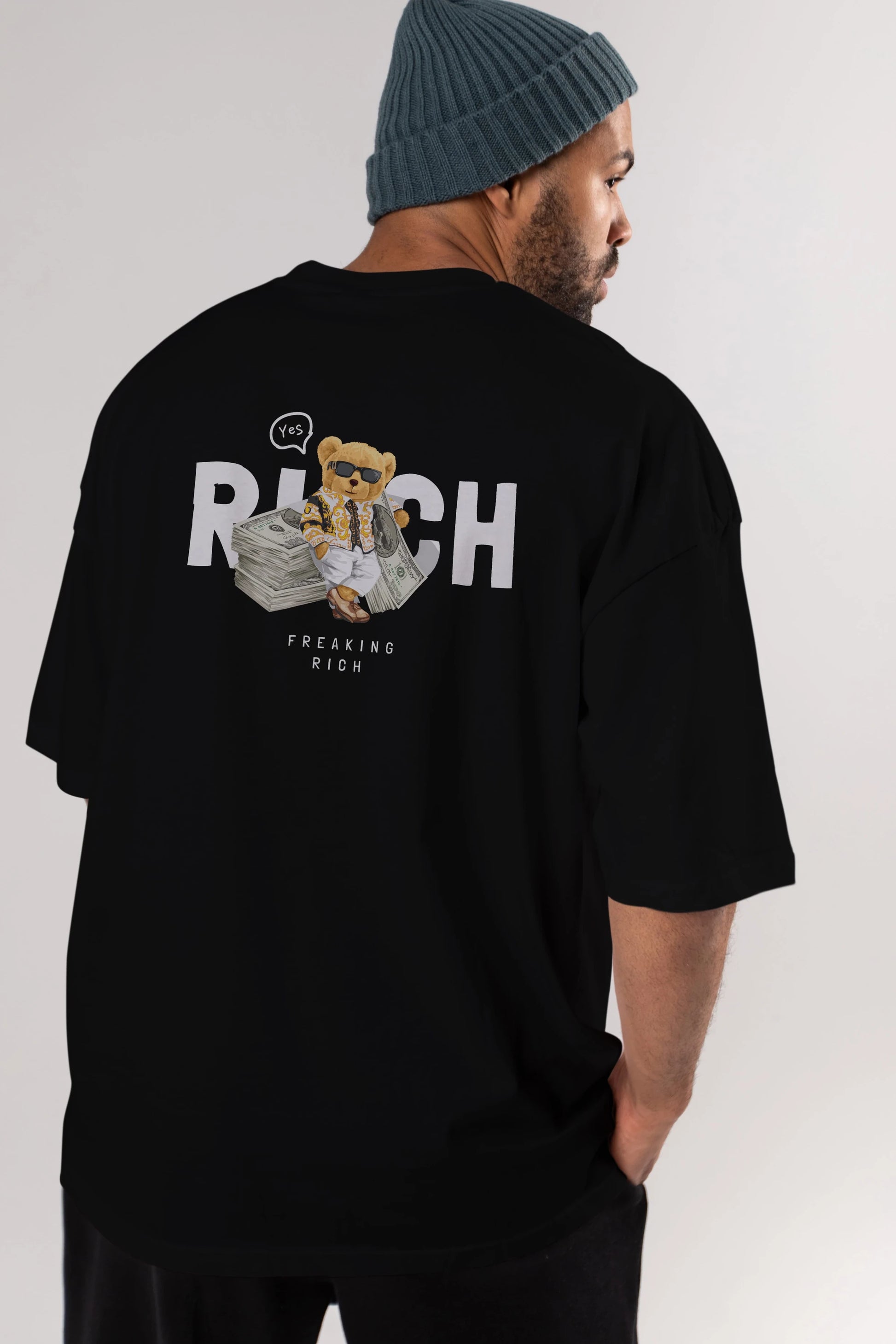 Teddy Bear Freakıng Rich Arka Baskılı Oversize t-shirt Erkek Kadın Unisex %100 Pamuk