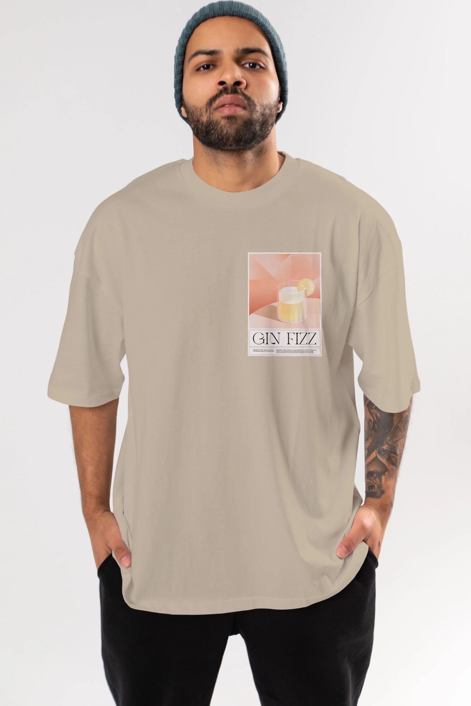 Gin Fizz Ön Sol Baskılı Oversize t-shirt Erkek Kadın Unisex %100 Pamuk Bisiklet Yaka tişort
