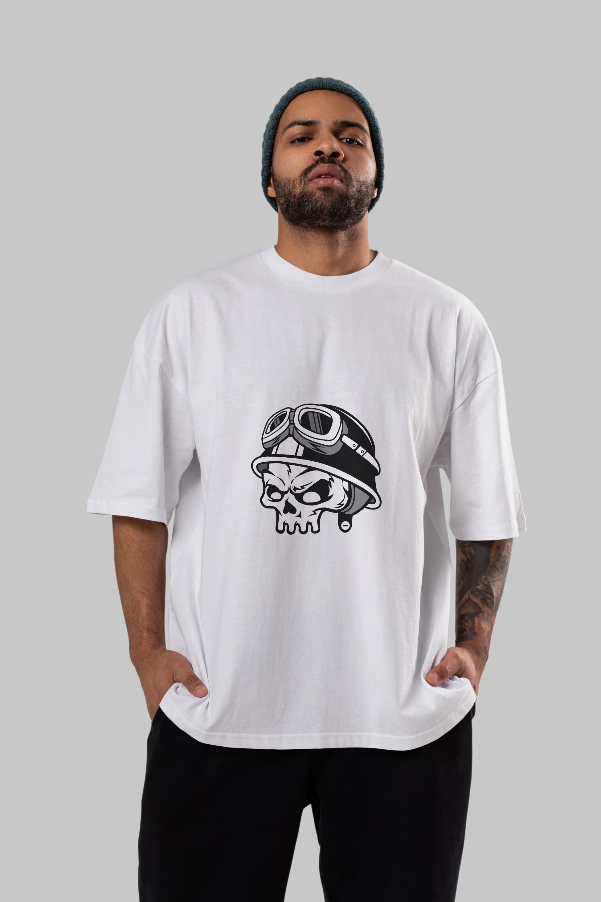 Biker Helmet Ön Baskılı Oversize t-shirt Erkek Kadın Unisex %100 Pamuk tişort