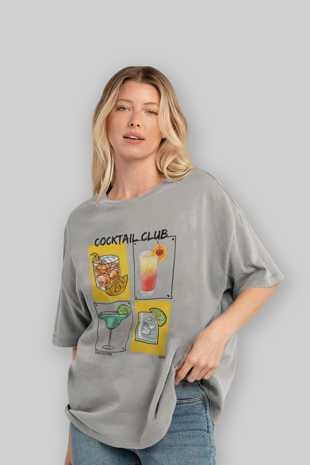 Cocktail Club ön Baskılı Oversize t-shirt Erkek Kadın %100 Pamuk Bisiklet Yaka tişort