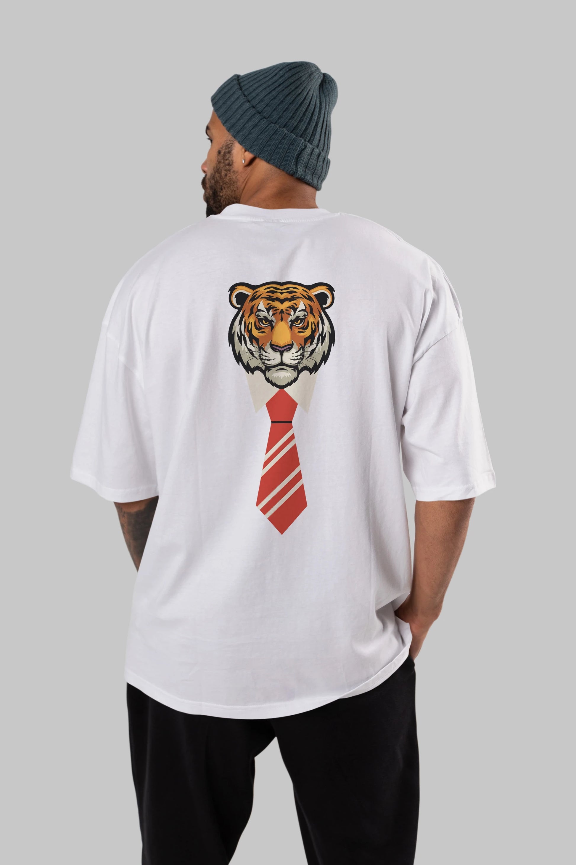 Tiger With Tie Arka Baskılı Oversize t-shirt Erkek Kadın Unisex
