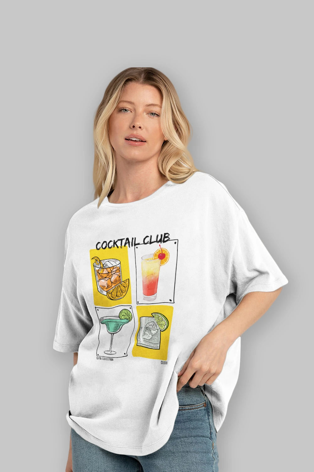 Cocktail Club ön Baskılı Oversize t-shirt Erkek Kadın %100 Pamuk Bisiklet Yaka tişort