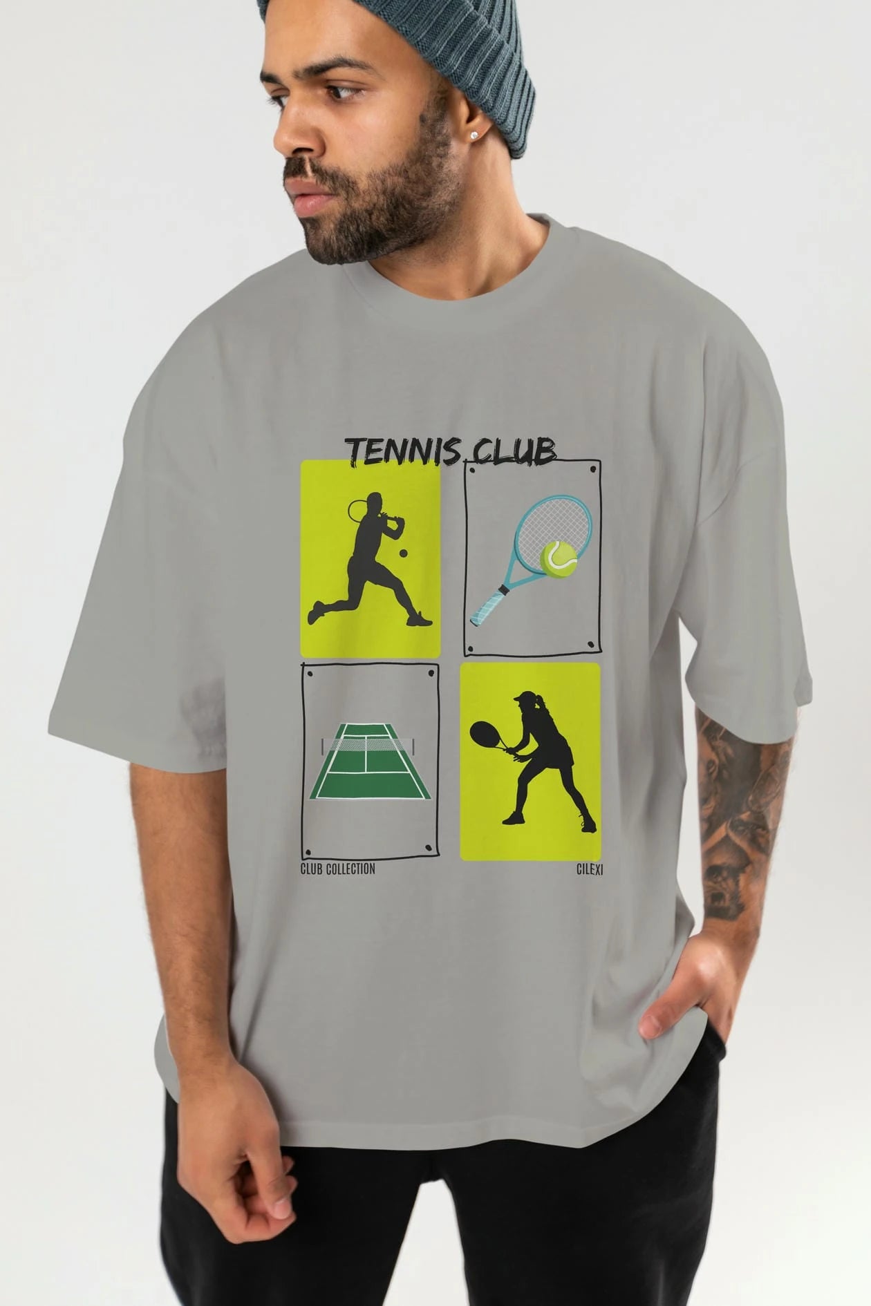 Tennis Club ön Baskılı Oversize t-shirt Erkek Kadın %100 Pamuk Bisiklet Yaka tişort
