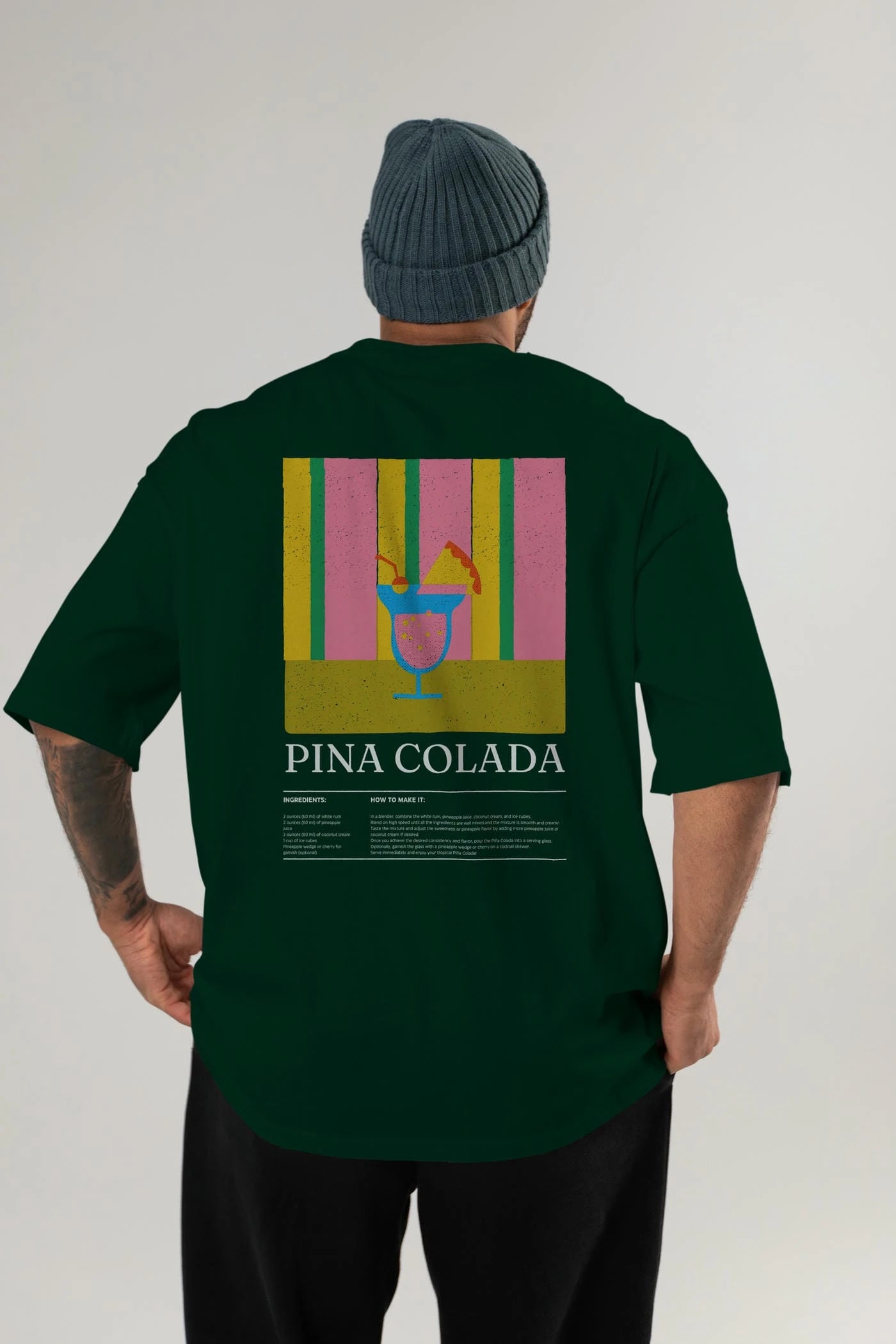 Pina Colada Kokteyl Serisi Arka Baskılı Oversize t-shirt Erkek Kadın %100 Pamuk Bisiklet Yaka tişort