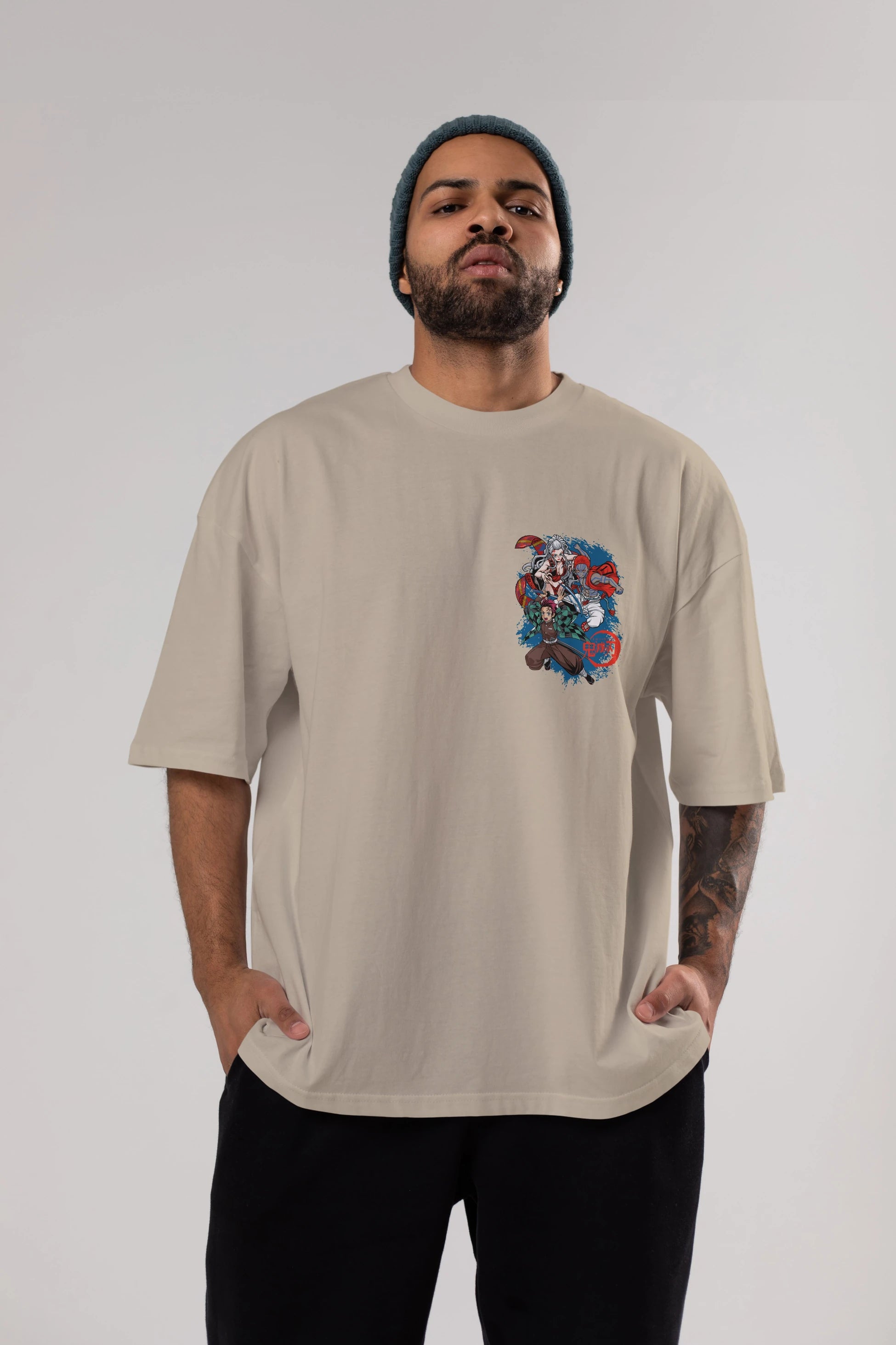 TANJIRO ,AKAZA,DAKI Ön Sol Baskılı Oversize t-shirt Erkek Kadın Unisex %100 Pamuk Bisiklet Yaka tişort