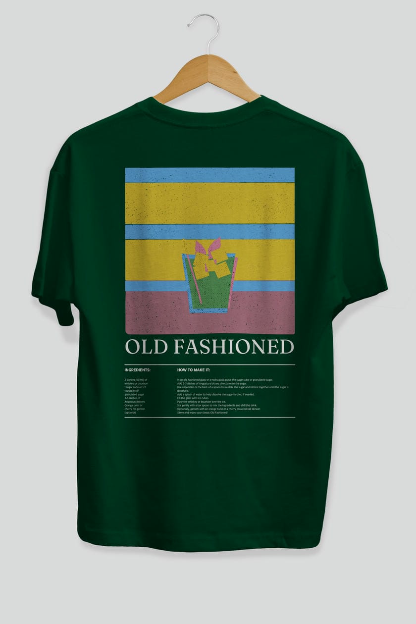 Old Fashioned Kokteyl Serisi Arka Baskılı Oversize t-shirt Erkek Kadın %100 Pamuk Bisiklet Yaka tişort
