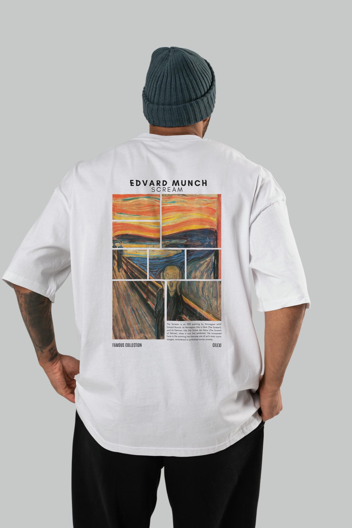Edvard Munch Scream Arka Baskılı Oversize t-shirt Erkek Kadın Bisiklet Yaka Pamuk tişort