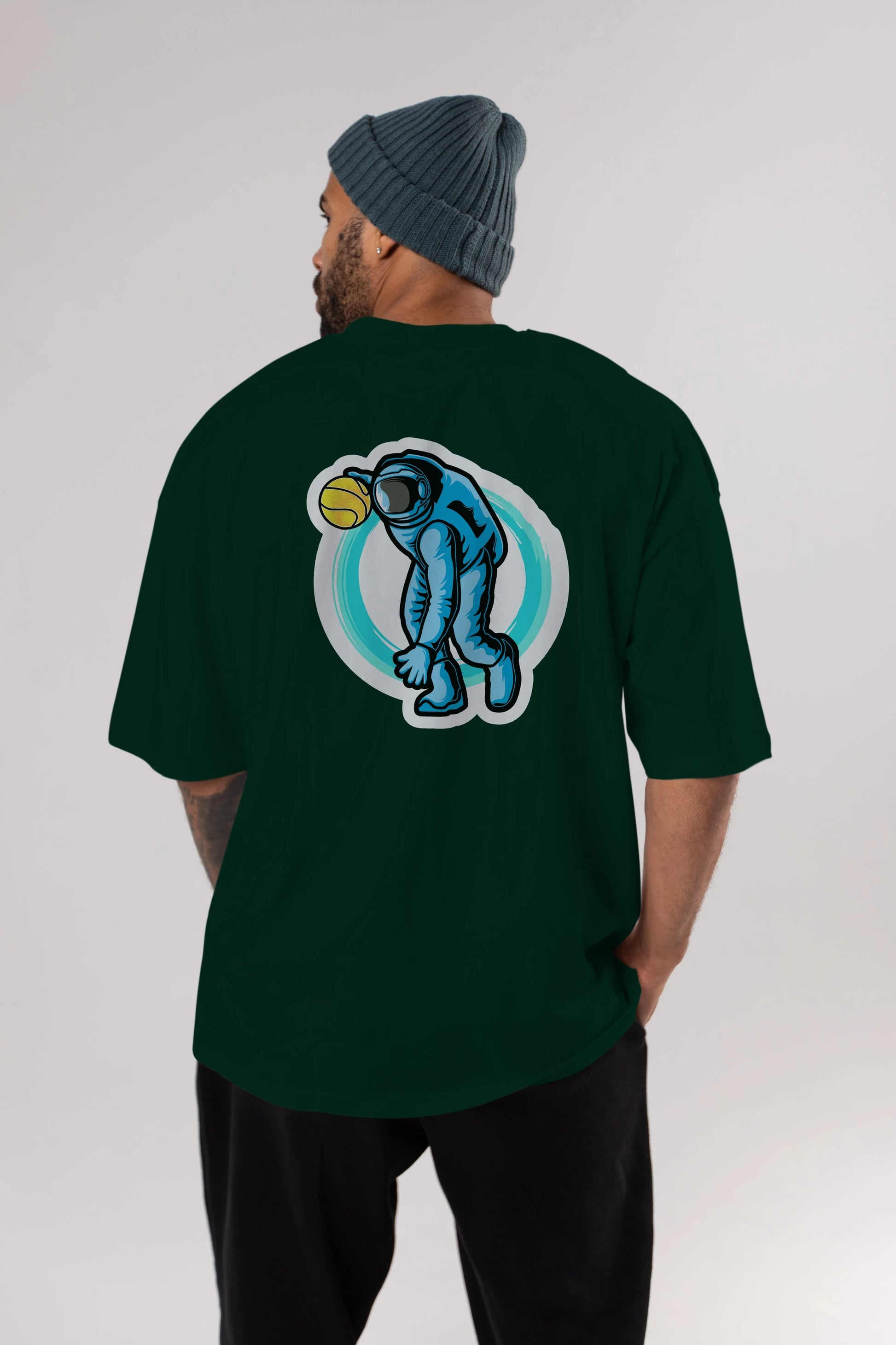 Astronaut Dribble Sticker Arka Baskılı Oversize t-shirt Erkek Kadın Unisex