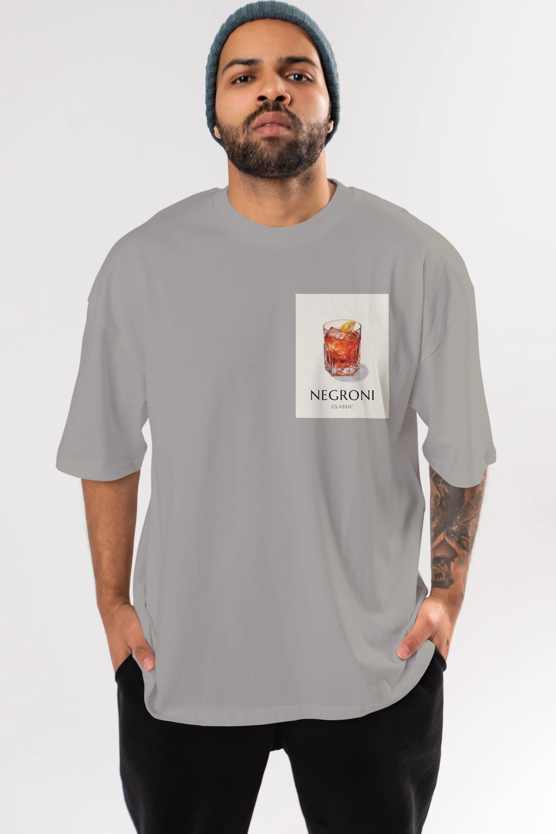 Negroni Classic Ön Sol Baskılı Oversize t-shirt Erkek Kadın Unisex %100 Pamuk Bisiklet Yaka tişort
