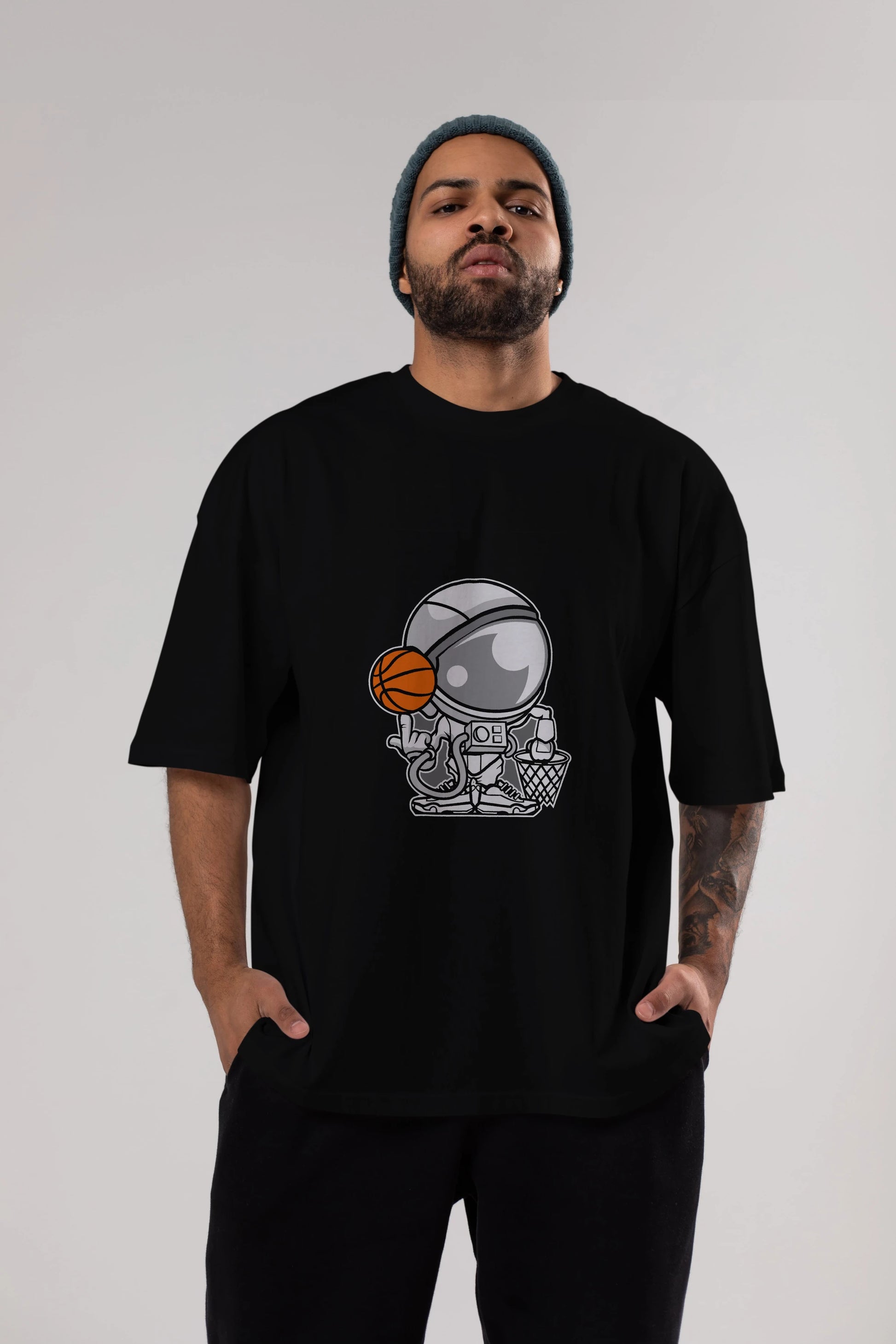 Astronaut Basketball Ön Baskılı Oversize t-shirt Erkek Kadın Unisex %100 Pamuk tişort