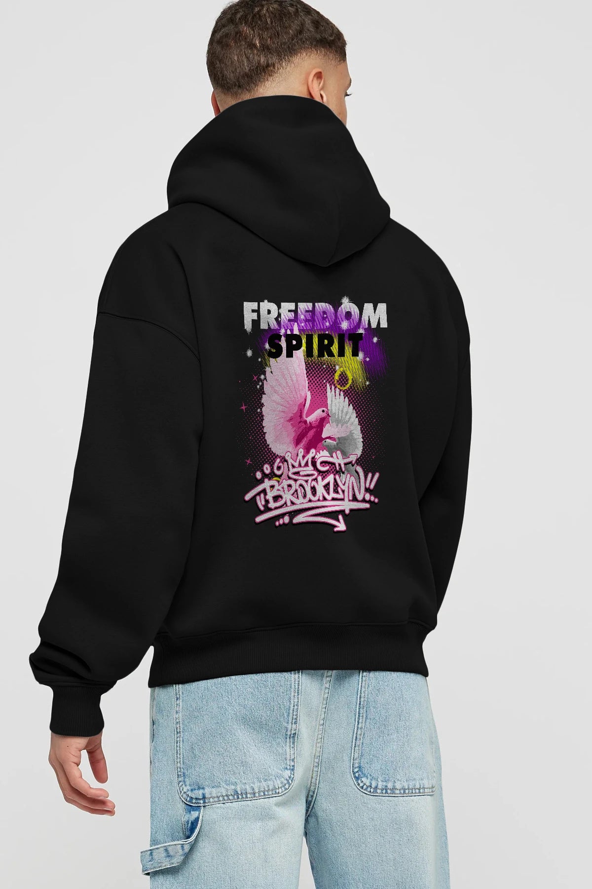 Freedom Spirit Brooklyn Arka Baskılı Hoodie Oversize Kapüşonlu Sweatshirt Erkek Kadın Unisex
