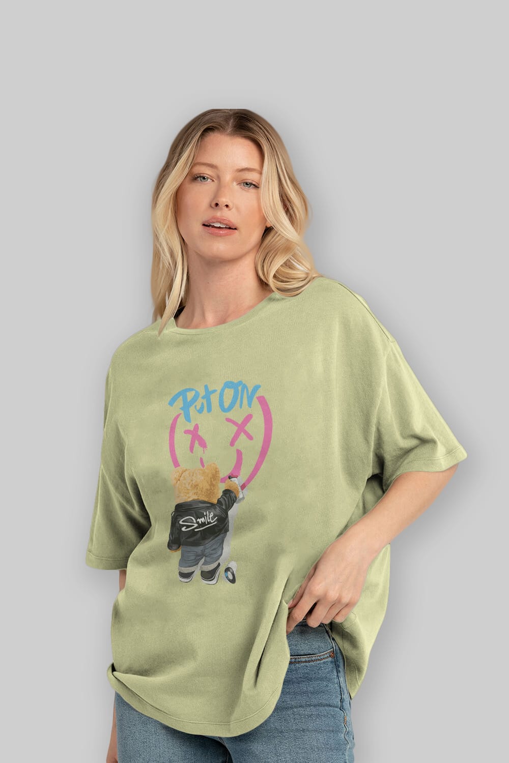 Put on Smile Bear Ön Baskılı Oversize t-shirt Erkek Kadın Unisex