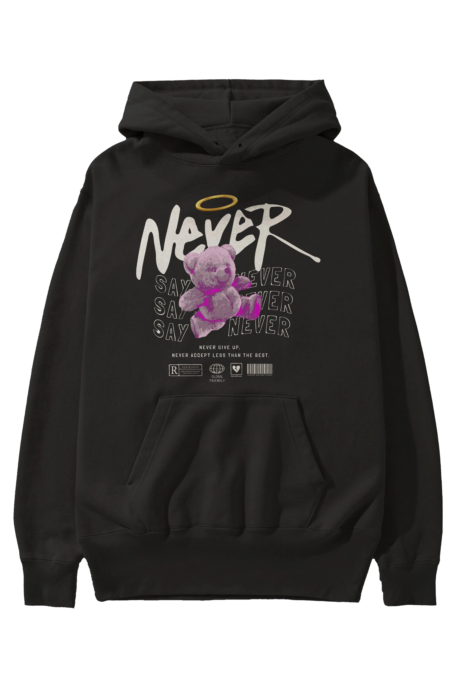Teddy Bear Never Ön Baskılı Hoodie Oversize Kapüşonlu Sweatshirt Erkek Kadın Unisex